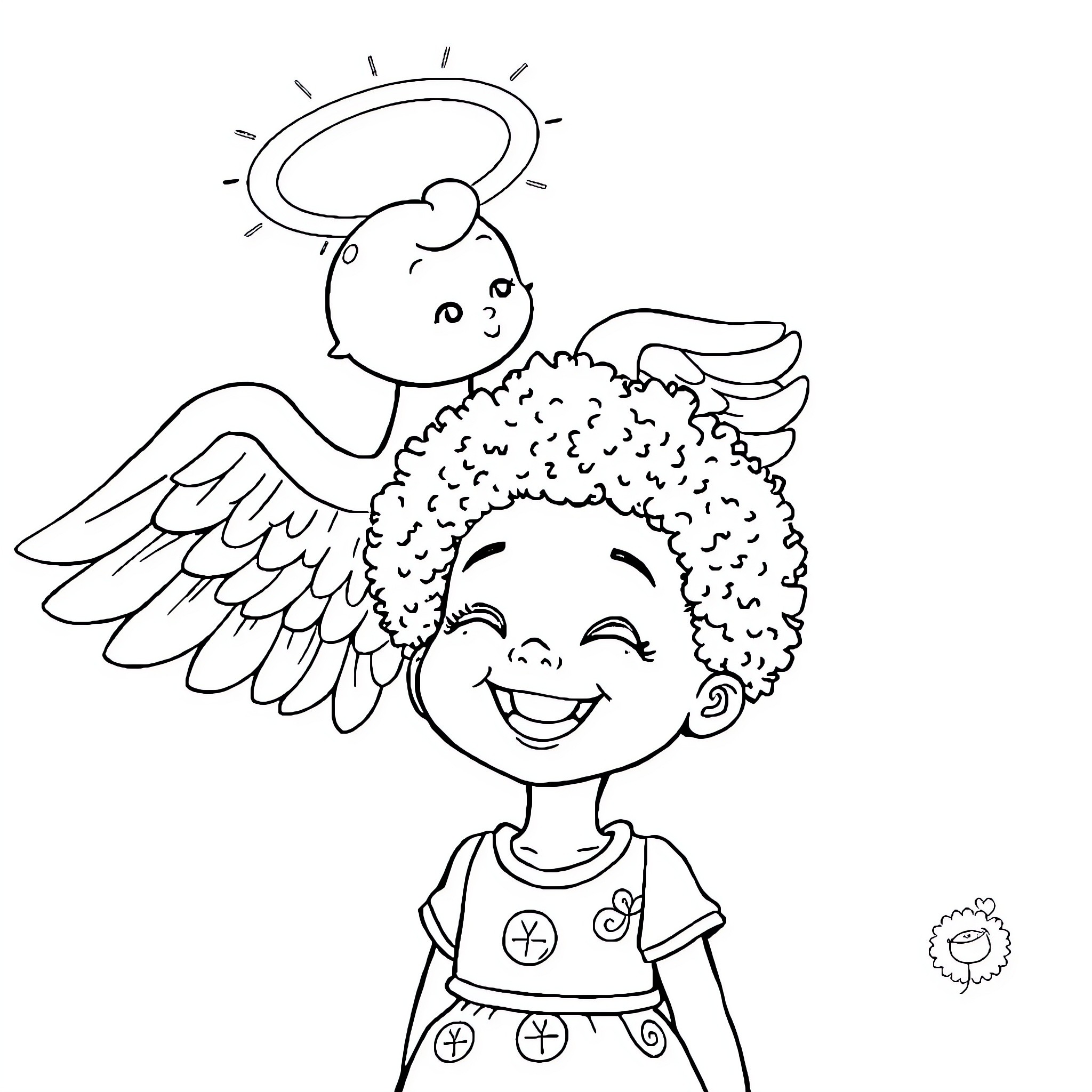 Iris, the Joyful Angel with Curly Hair Coloring Page (free black-and-white line drawing printable PDF for all, from beginners to advanced learners, including children, teens, adults, and seniors)