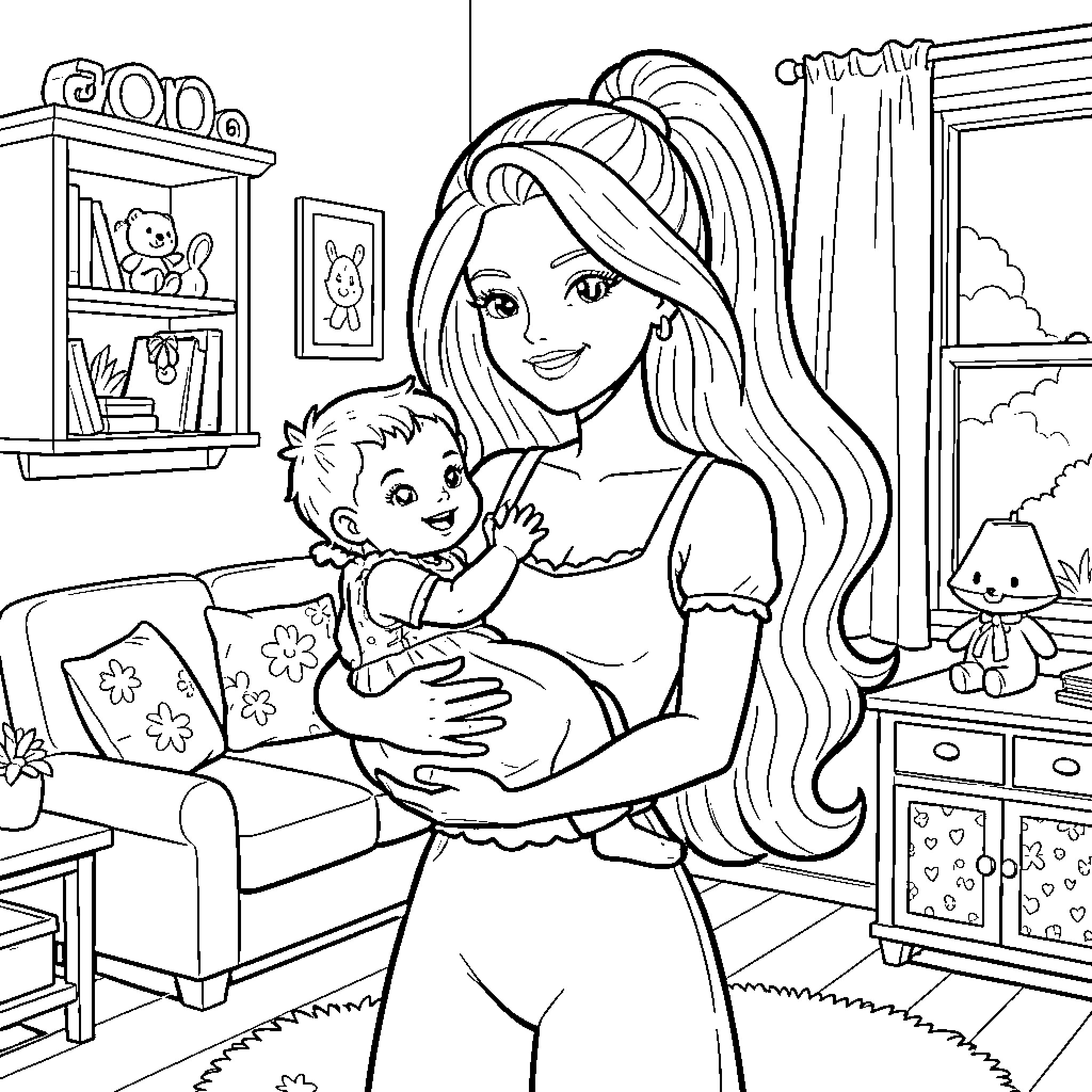 Barbie playing with baby in cozy home setting Coloring Page (free black-and-white line drawing printable PDF for all, from beginners to advanced learners, including children, teens, adults, and seniors)