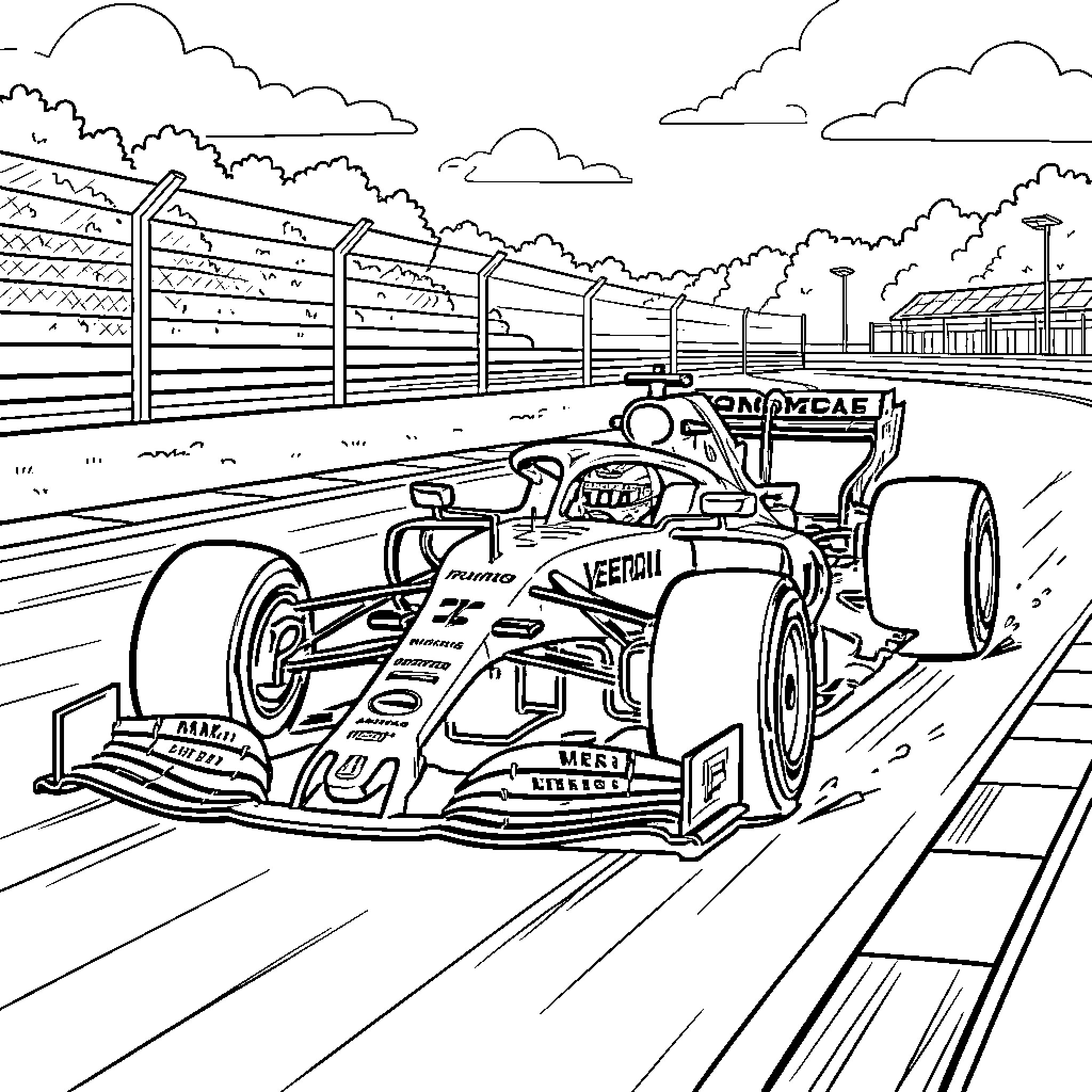 Formula 1 racing car speeding on a track Coloring Page (free black-and-white line drawing printable PDF for all, from beginners to advanced learners, including children, teens, adults, and seniors)