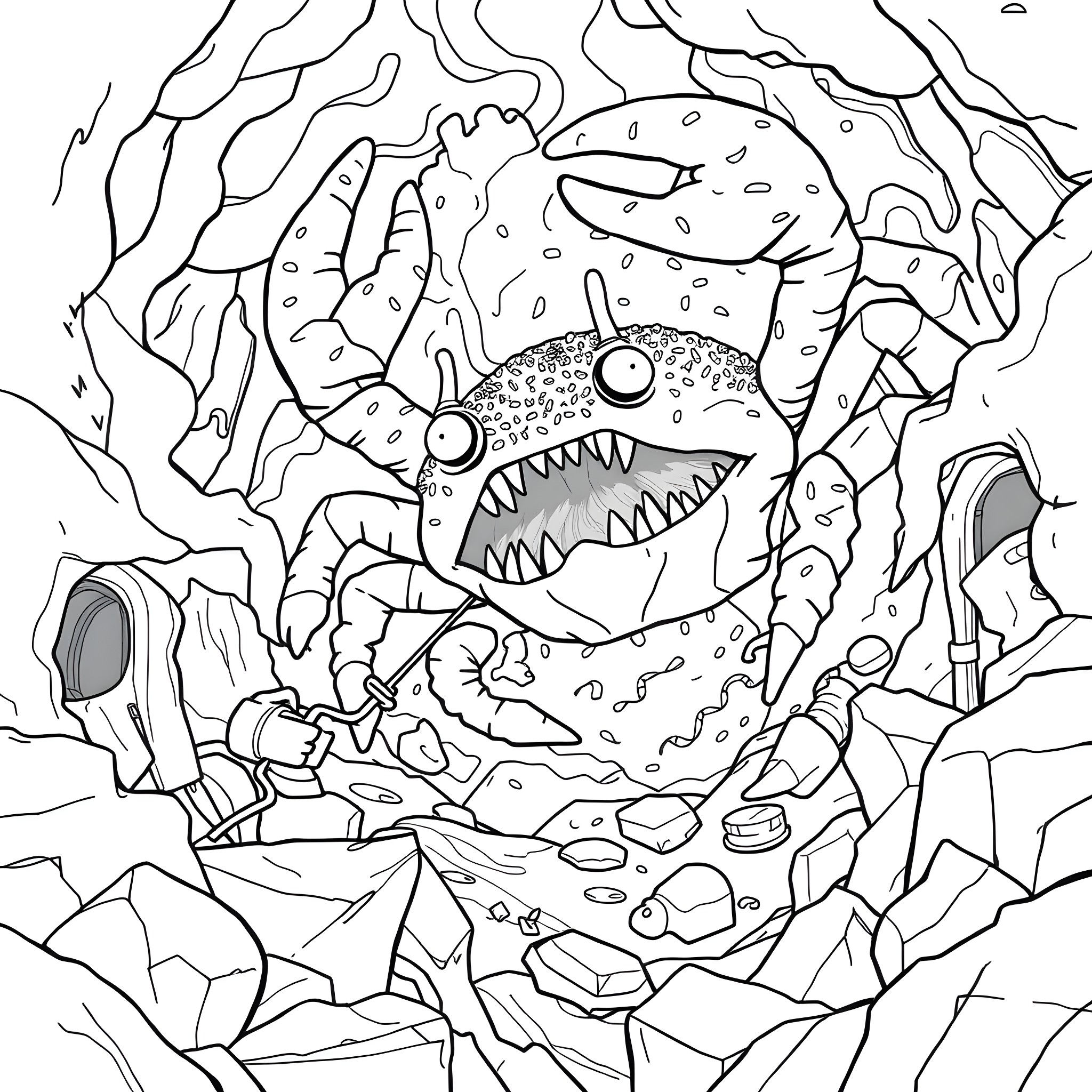 Finn and Jake encounter a fearsome deep sea creature Coloring Page (free black-and-white line drawing printable PDF for all, from beginners to advanced learners, including children, teens, adults, and seniors)
