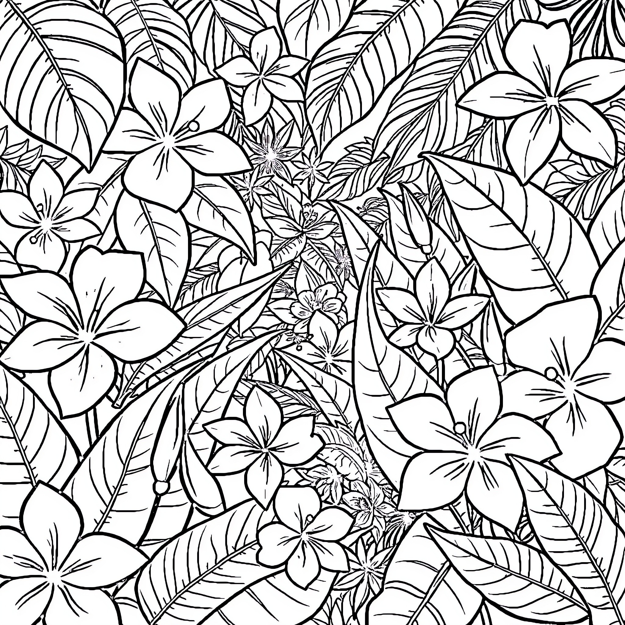 Tropical Flower Nature Scene Coloring Page (free black-and-white line drawing printable PDF for all, from beginners to advanced learners, including children, teens, adults, and seniors)