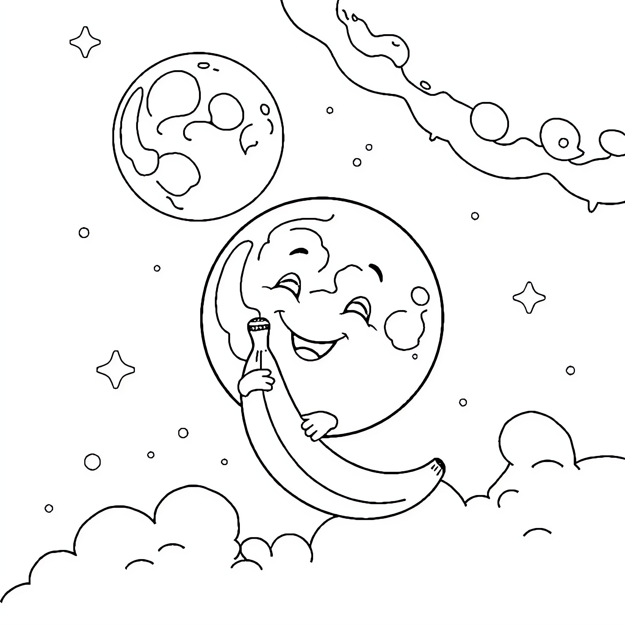 Moon friends having a playful adventure in the starry sky Coloring Page (free black-and-white line drawing printable PDF for all, from beginners to advanced learners, including children, teens, adults, and seniors)