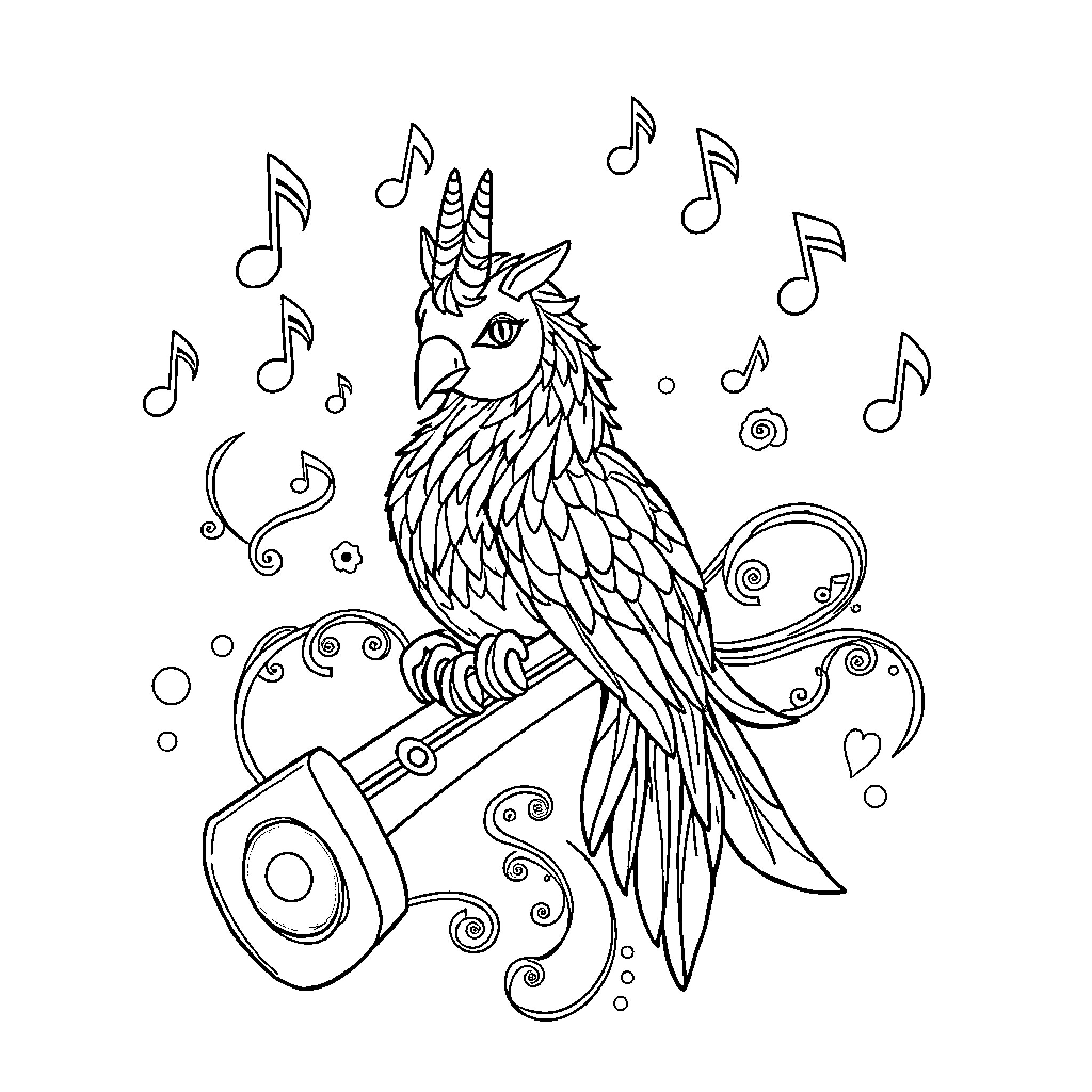 Loro singing and dancing with musical notes Coloring Page (free black-and-white line drawing printable PDF for all, from beginners to advanced learners, including children, teens, adults, and seniors)