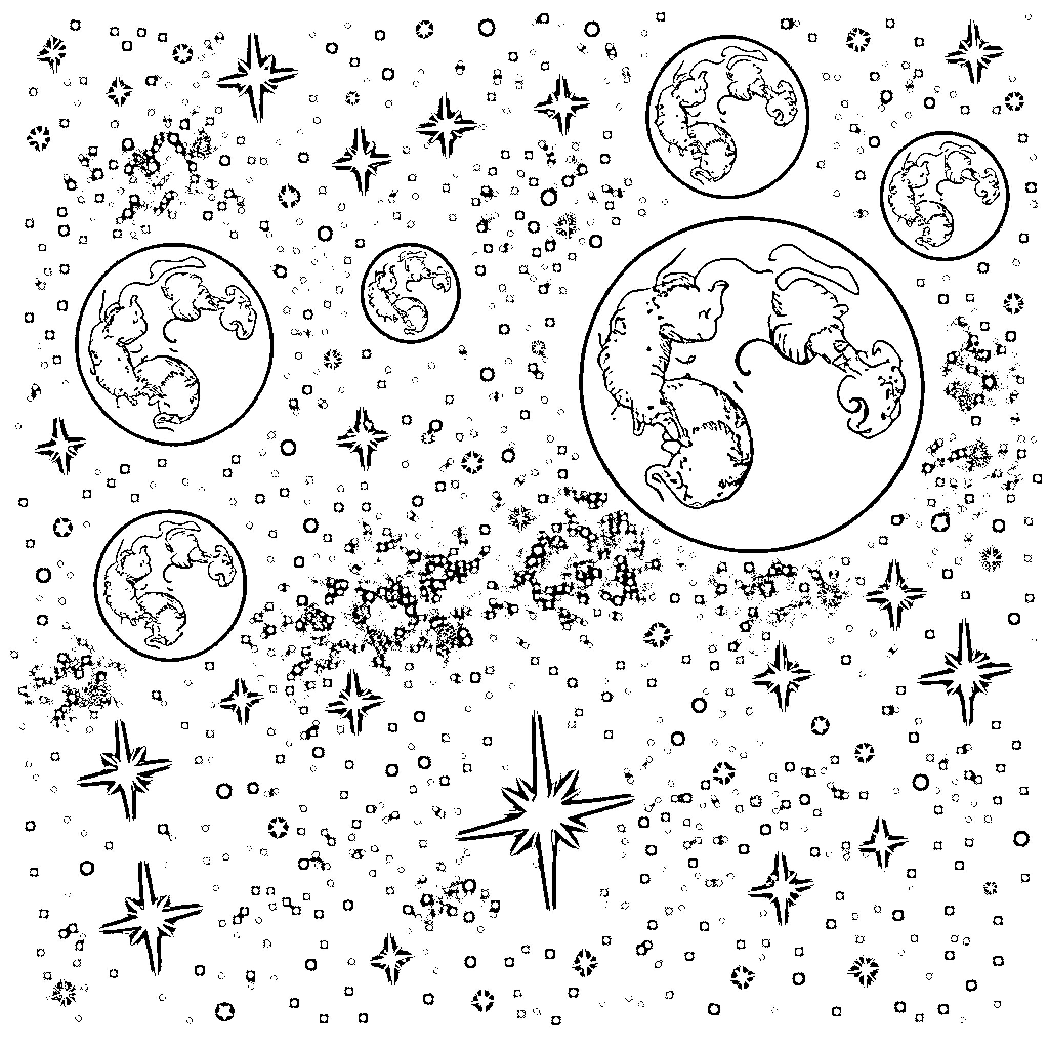 Moon Filled with Celestial Spheres and Sparkling Stars Coloring Page (free black-and-white line drawing printable PDF for all, from beginners to advanced learners, including children, teens, adults, and seniors)