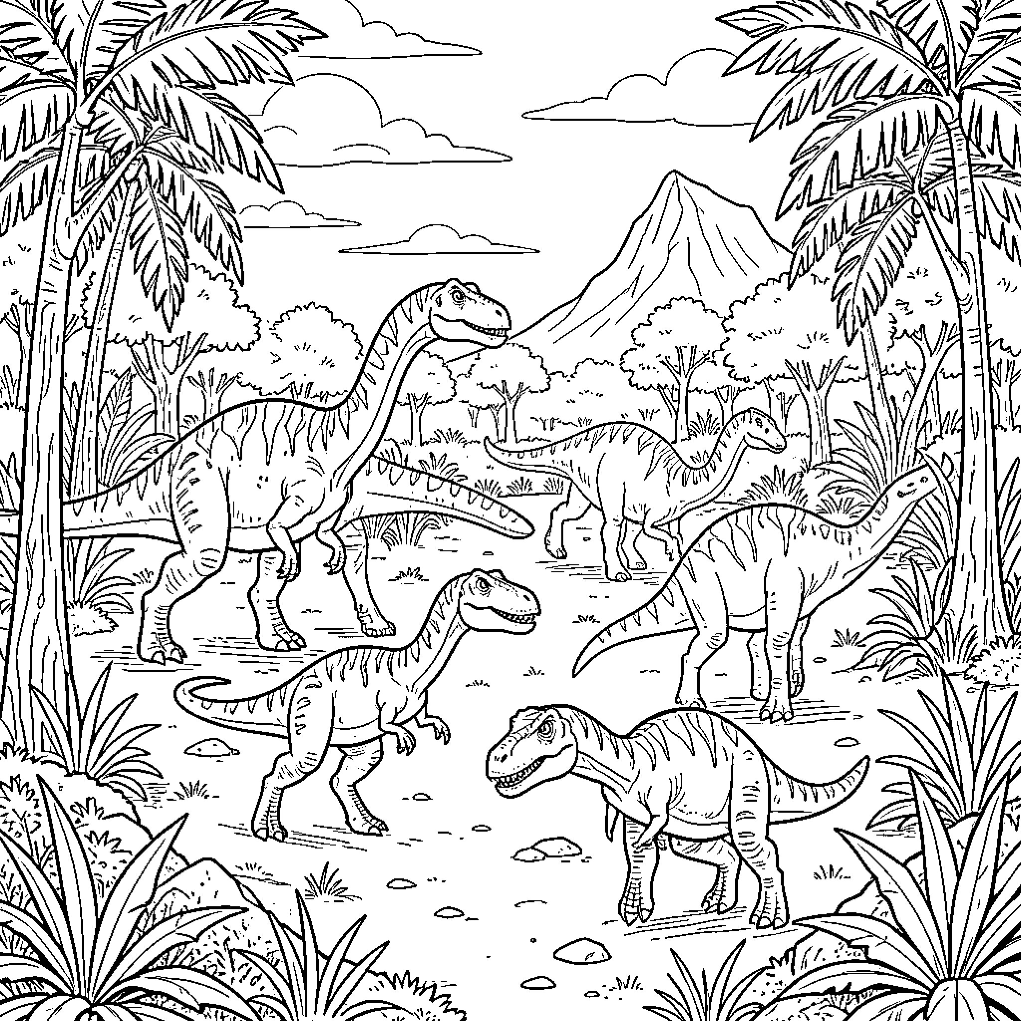 Dinosaur family roaming through a tropical prehistoric landscape Coloring Page (free black-and-white line drawing printable PDF for all, from beginners to advanced learners, including children, teens, adults, and seniors)