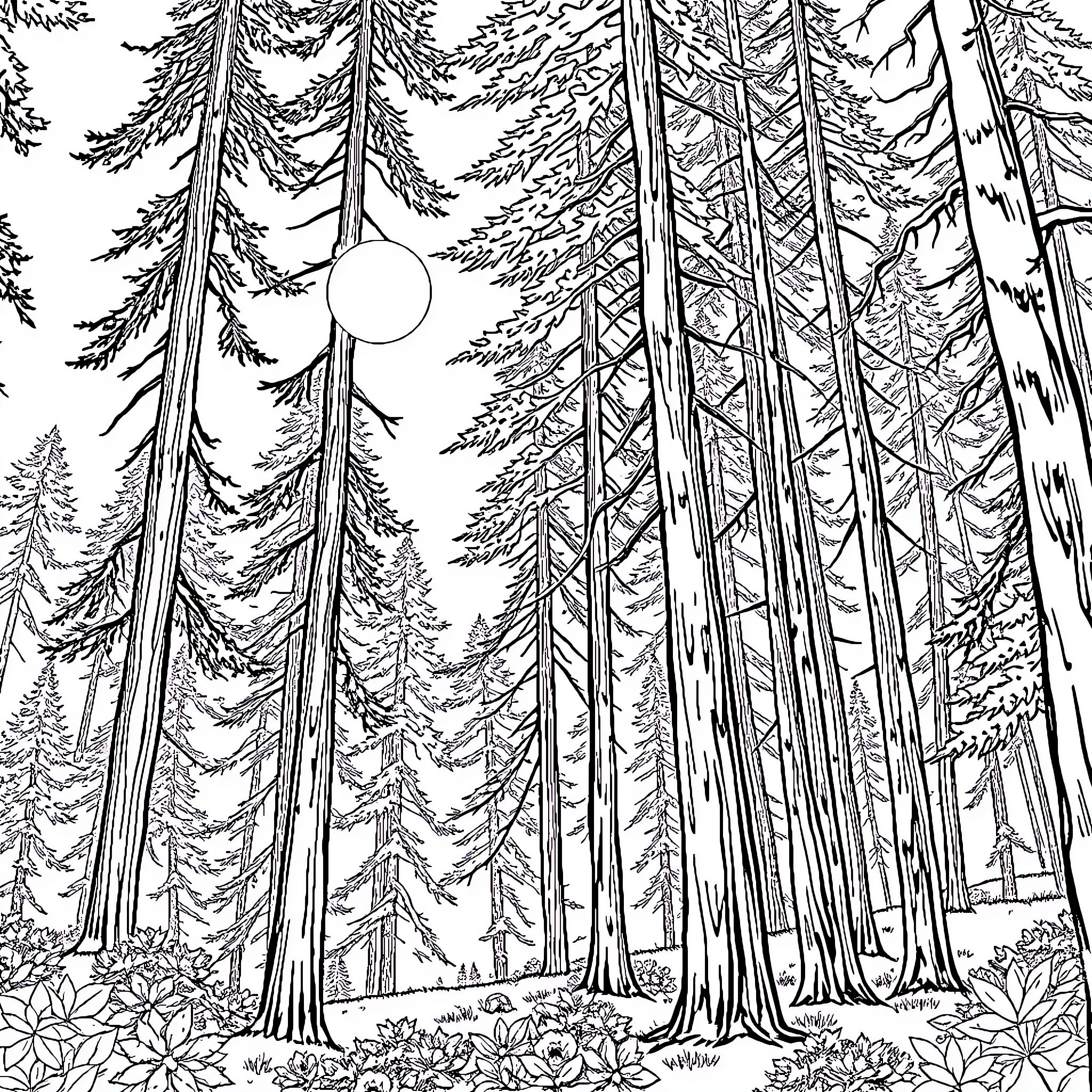 Sun Shining Through Towering Forest Coloring Page (free black-and-white line drawing printable PDF for all, from beginners to advanced learners, including children, teens, adults, and seniors)