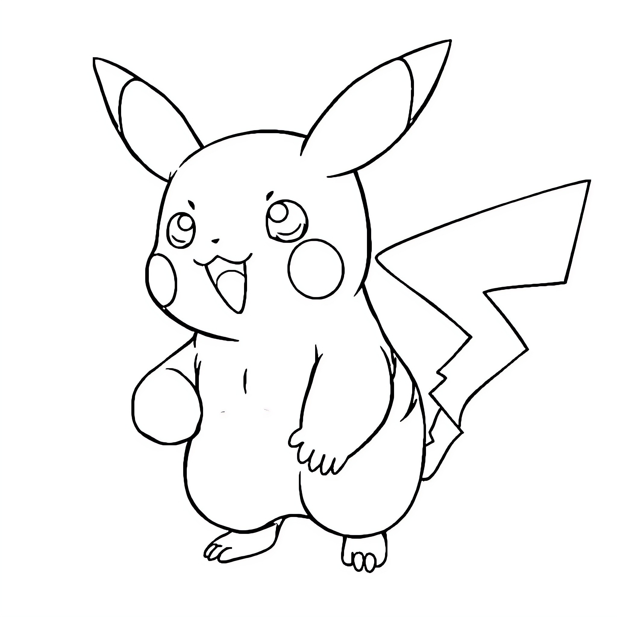 Pikachu in a Cheerful Pose Coloring Page (free black-and-white line drawing printable PDF for all, from beginners to advanced learners, including children, teens, adults, and seniors)