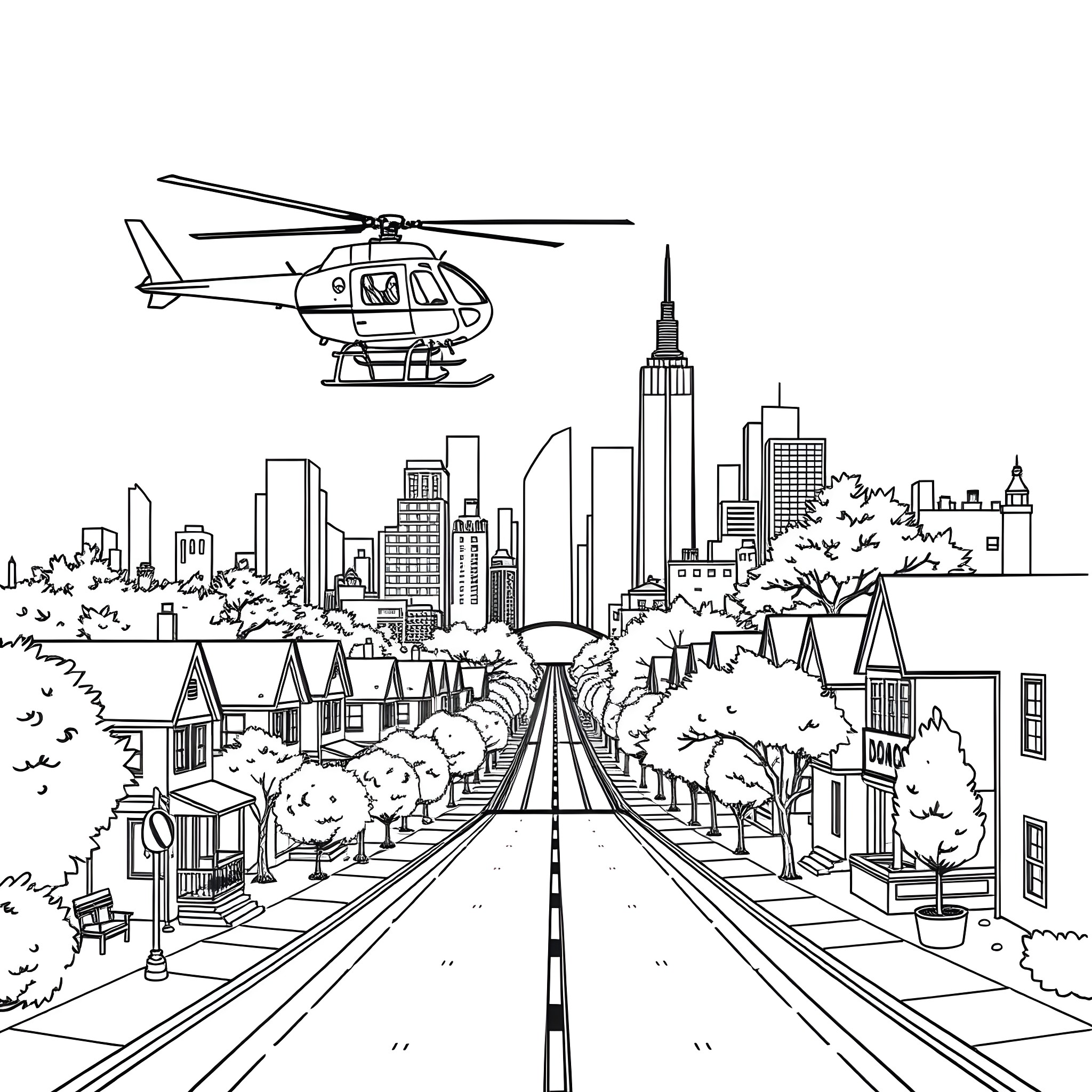 Helicopter flying over the city with skyscrapers Coloring Page (free black-and-white line drawing printable PDF for all, from beginners to advanced learners, including children, teens, adults, and seniors)