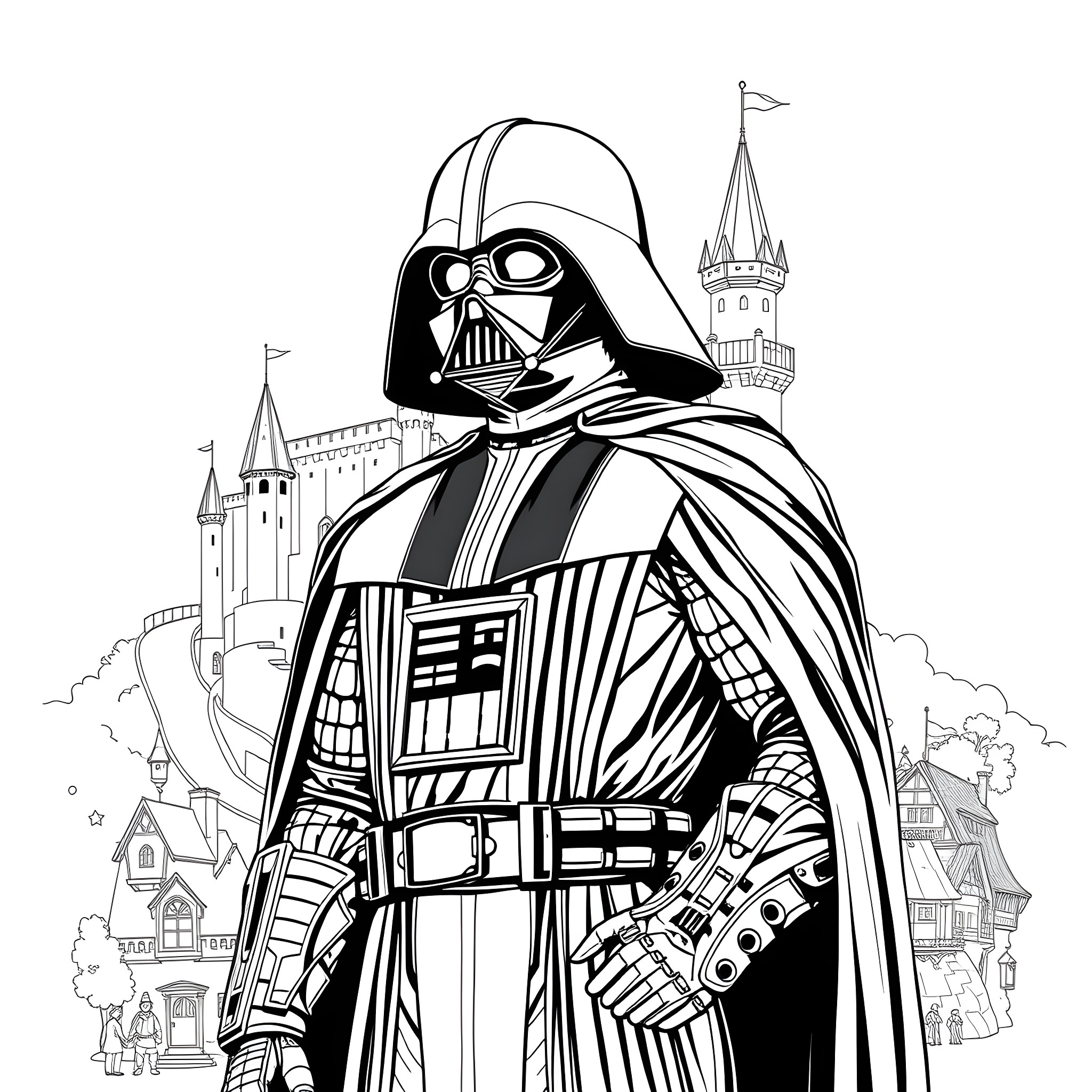 Darth Vader standing tall in an iconic Star Wars scene Coloring Page (free black-and-white line drawing printable PDF for all, from beginners to advanced learners, including children, teens, adults, and seniors)