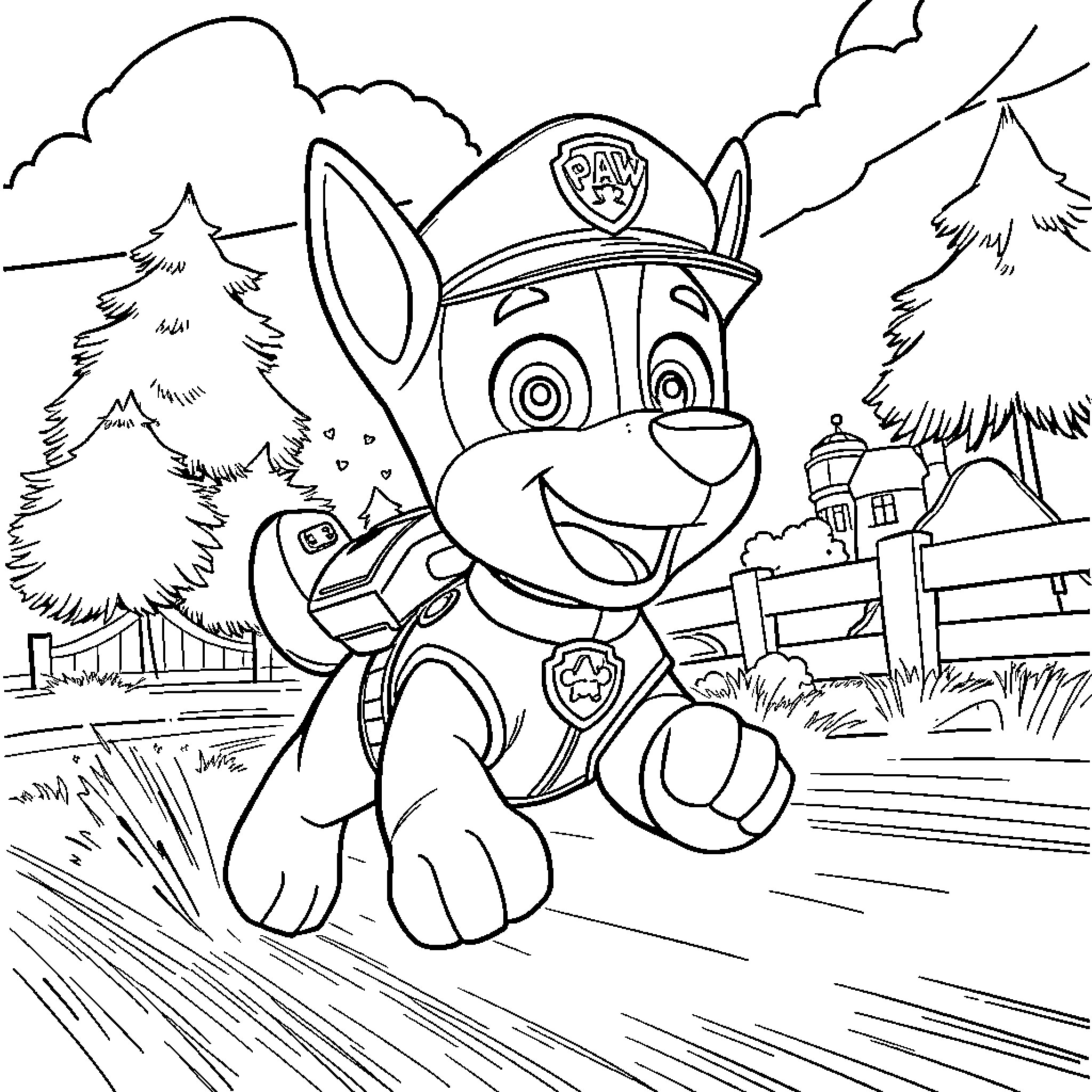 Chase the puppy in the forest Coloring Page (free black-and-white line drawing printable PDF for all, from beginners to advanced learners, including children, teens, adults, and seniors)