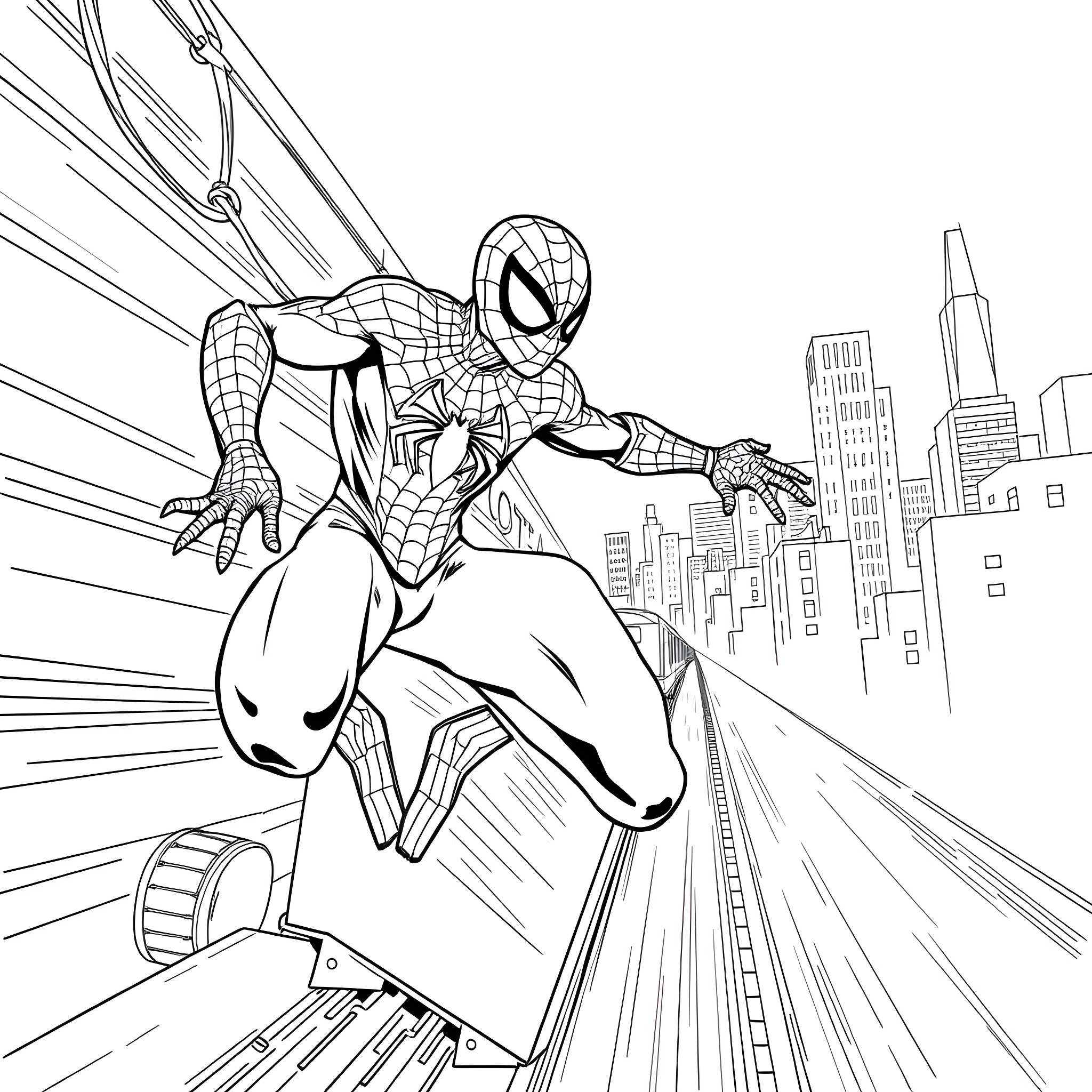 Spiderman swinging through the city skyline Coloring Page (free black-and-white line drawing printable PDF for all, from beginners to advanced learners, including children, teens, adults, and seniors)