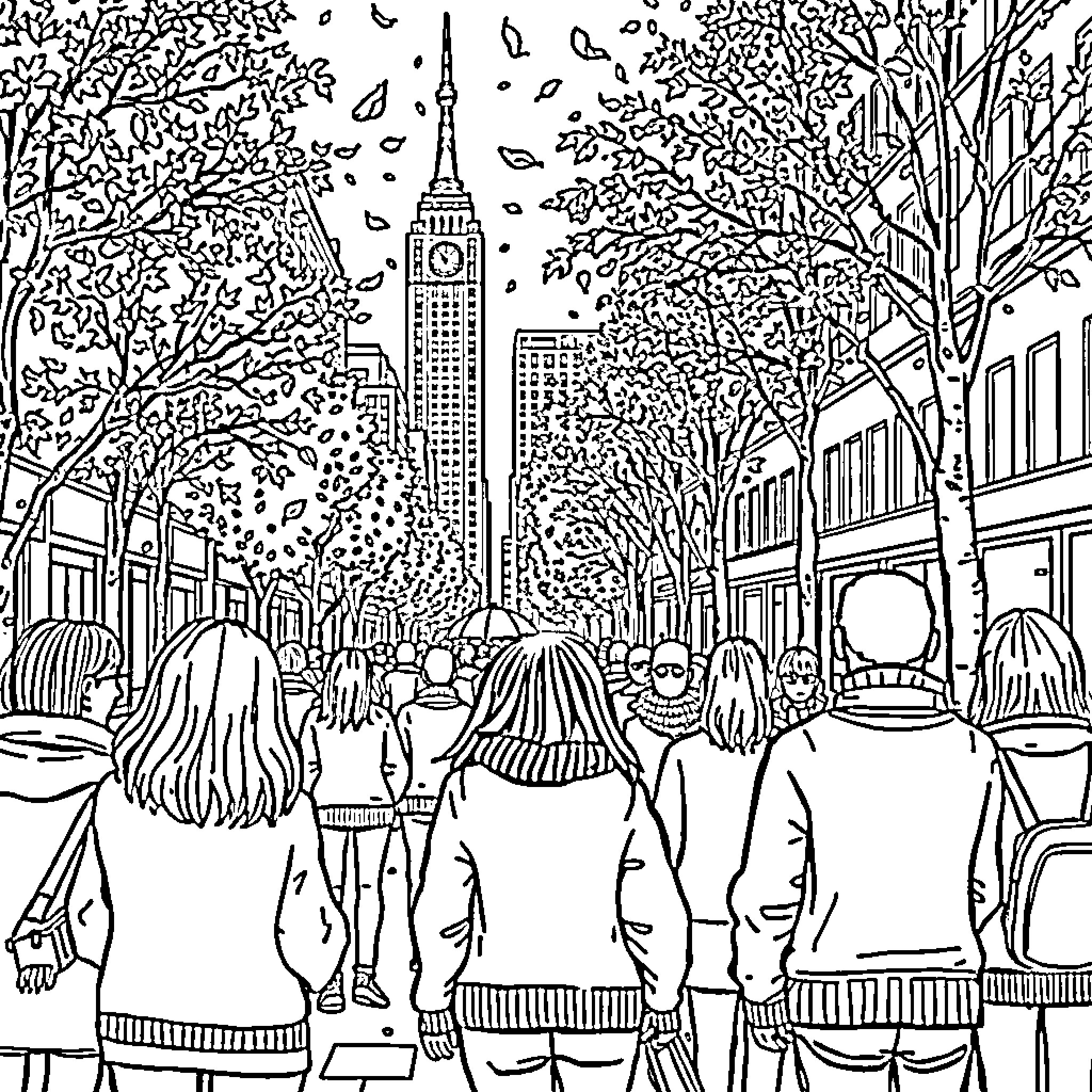 Fall Stroll Through a Bustling City Coloring Page (free black-and-white line drawing printable PDF for all, from beginners to advanced learners, including children, teens, adults, and seniors)