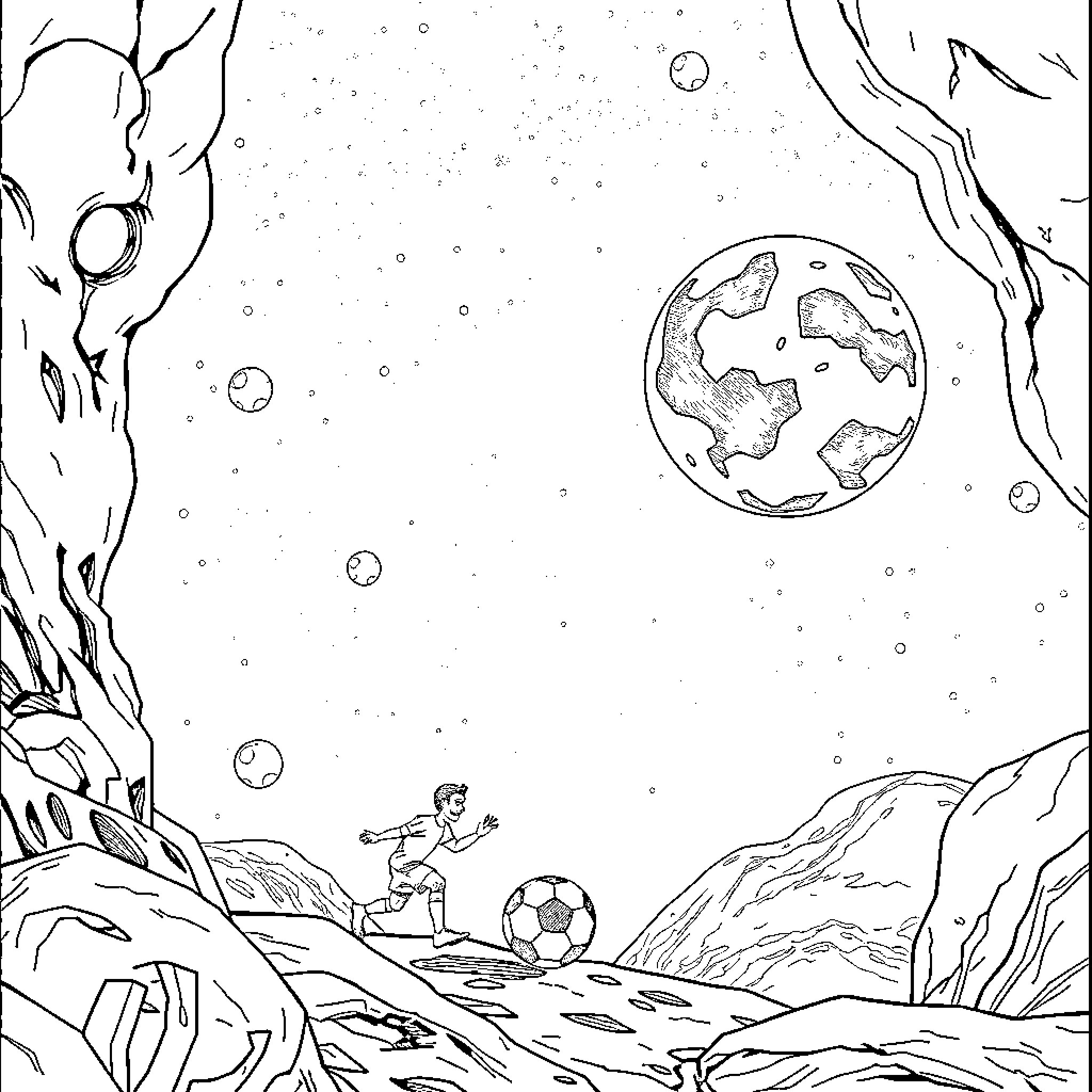 Soccer player on an alien planet Coloring Page (free black-and-white line drawing printable PDF for all, from beginners to advanced learners, including children, teens, adults, and seniors)