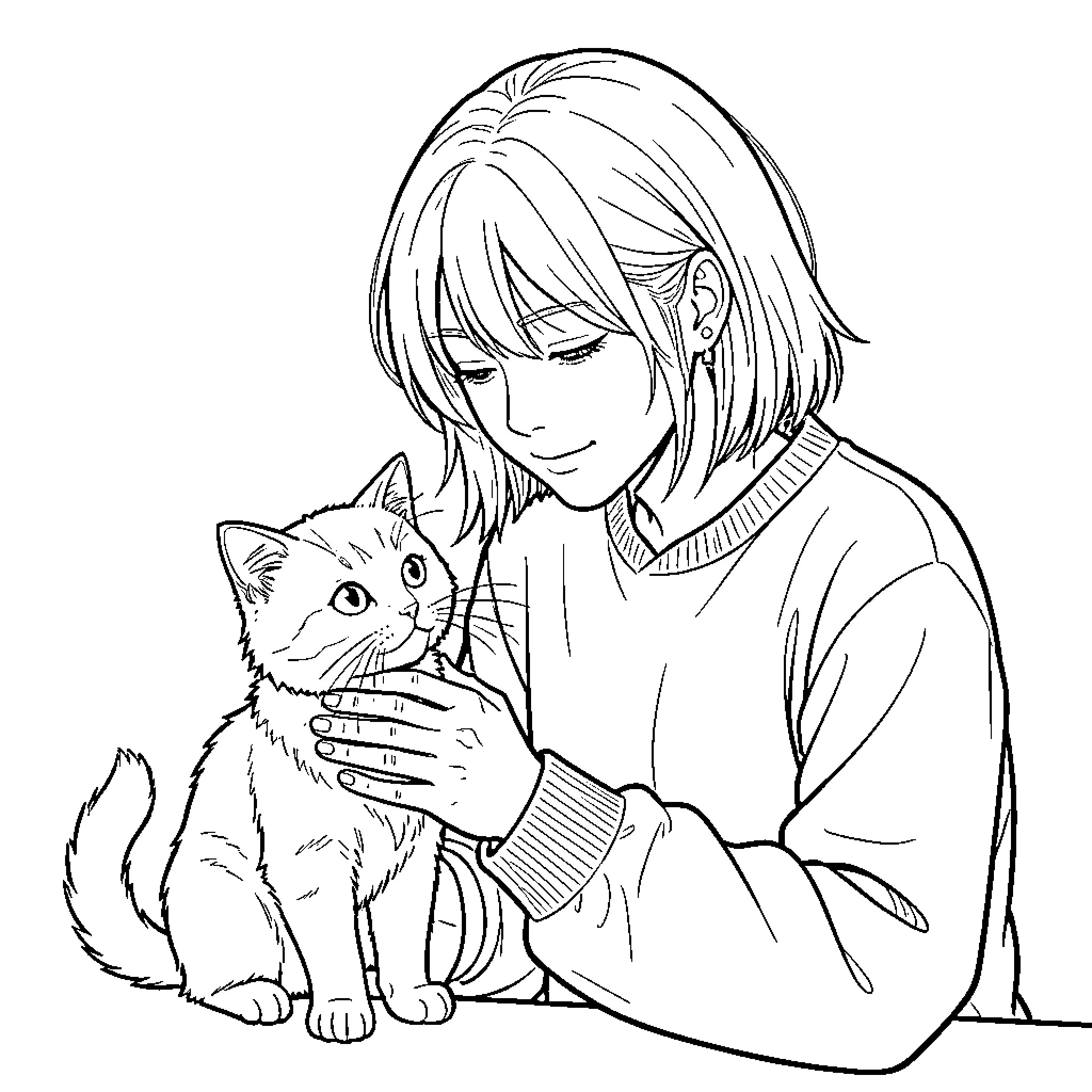 Kpop idol smiling while gently petting a small cat Coloring Page (free black-and-white line drawing printable PDF for all, from beginners to advanced learners, including children, teens, adults, and seniors)
