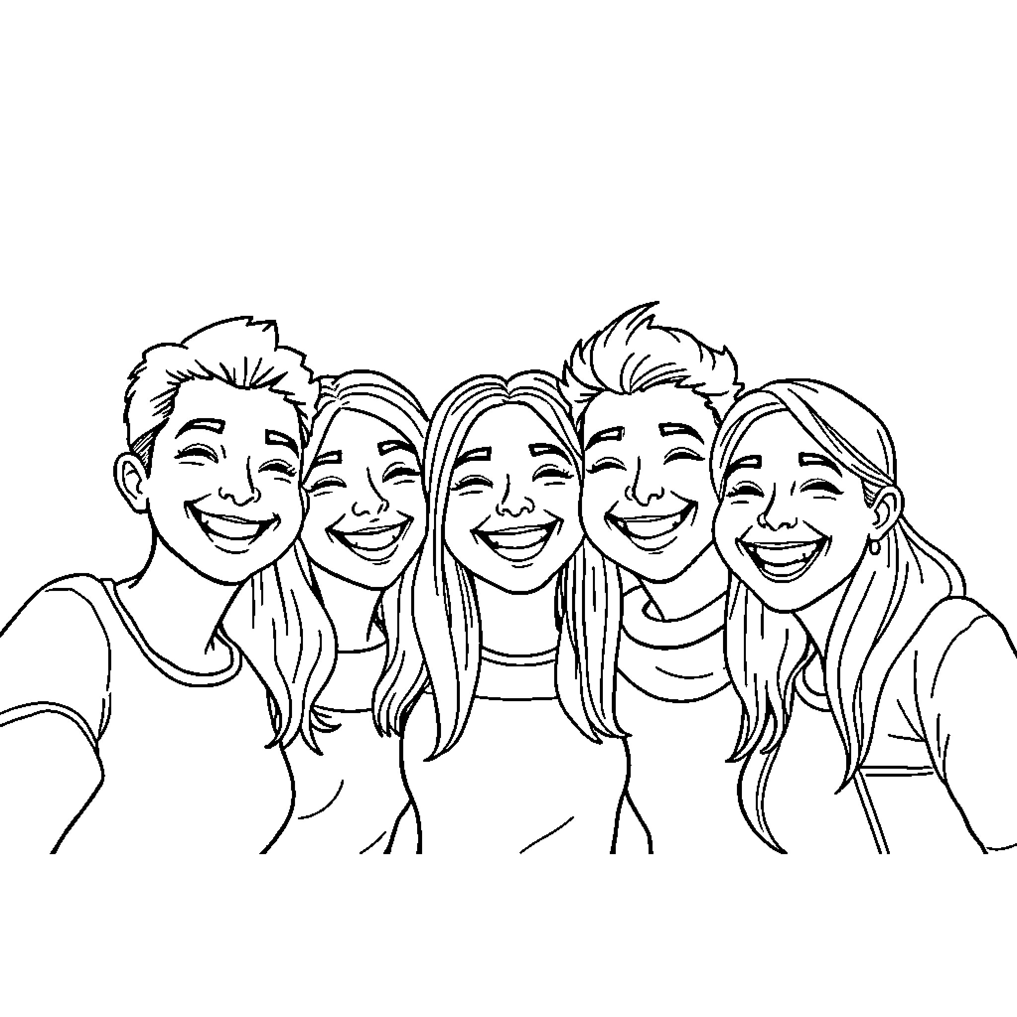 Friends enjoying a cheerful moment together Coloring Page (free black-and-white line drawing printable PDF for all, from beginners to advanced learners, including children, teens, adults, and seniors)