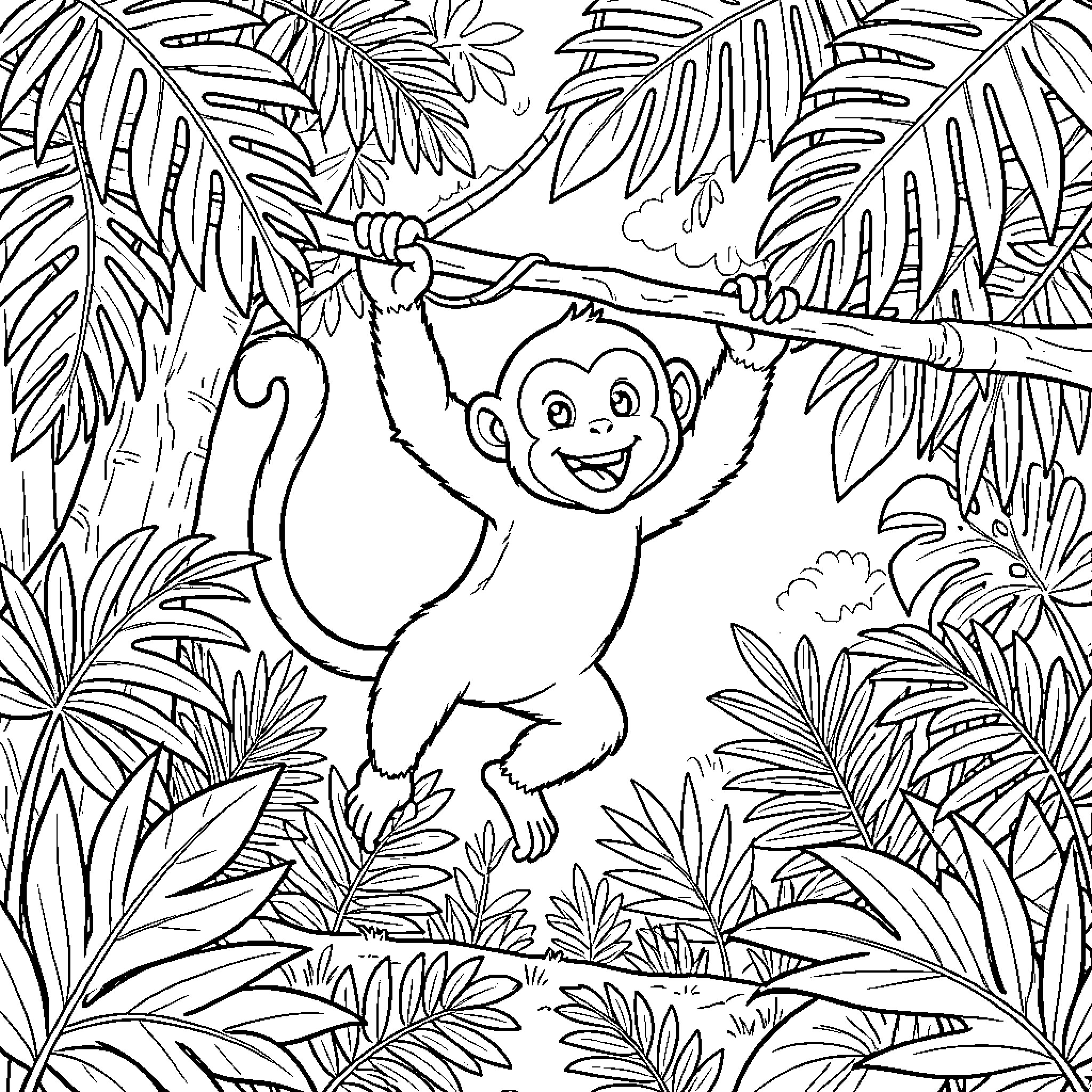 Monochrome monkey swinging joyfully in the jungle Coloring Page (free black-and-white line drawing printable PDF for all, from beginners to advanced learners, including children, teens, adults, and seniors)