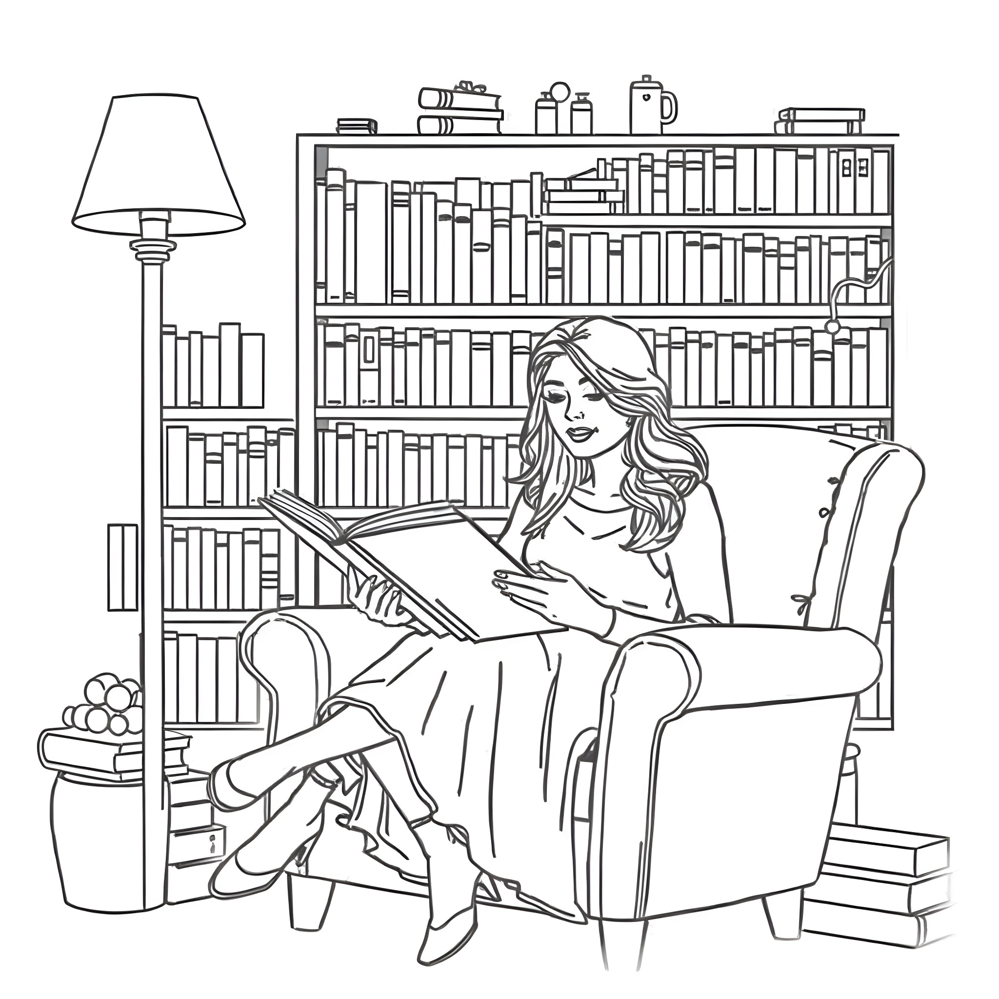 Female reading a book comfortably in a cozy library Coloring Page (free black-and-white line drawing printable PDF for all, from beginners to advanced learners, including children, teens, adults, and seniors)