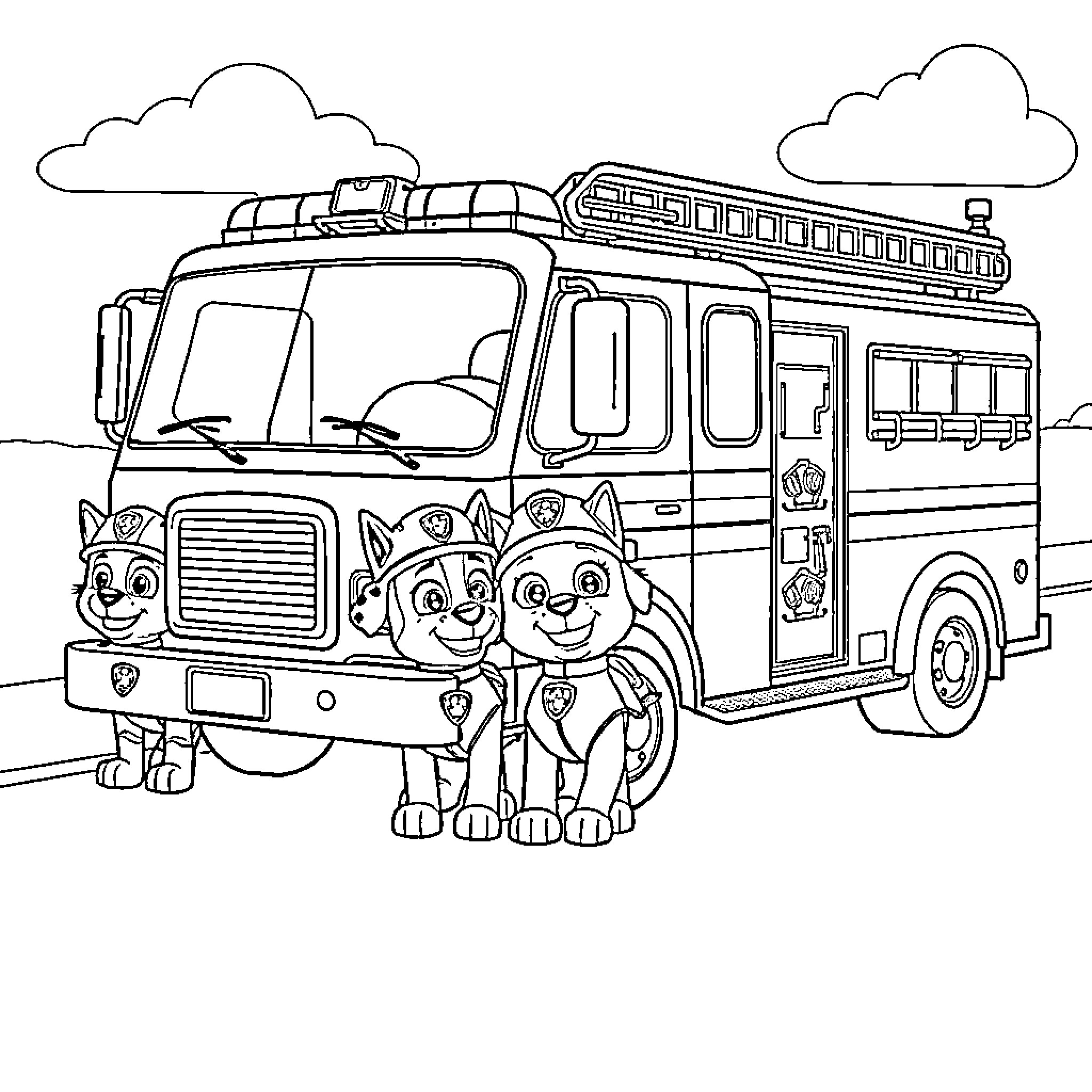 Firetruck with friendly pups ready for adventure Coloring Page (free black-and-white line drawing printable PDF for all, from beginners to advanced learners, including children, teens, adults, and seniors)
