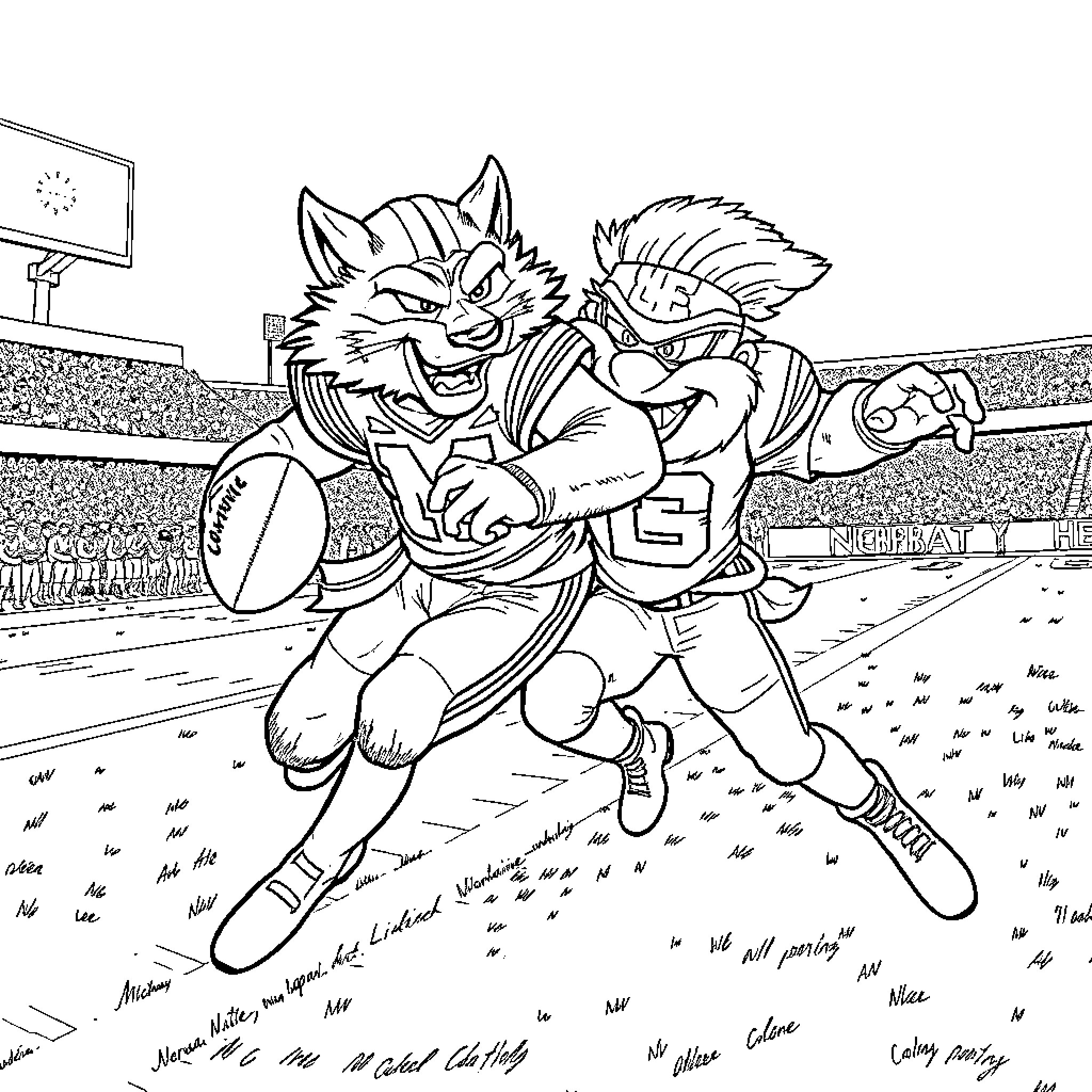 Wolverine football players in fierce competition Coloring Page (free black-and-white line drawing printable PDF for all, from beginners to advanced learners, including children, teens, adults, and seniors)