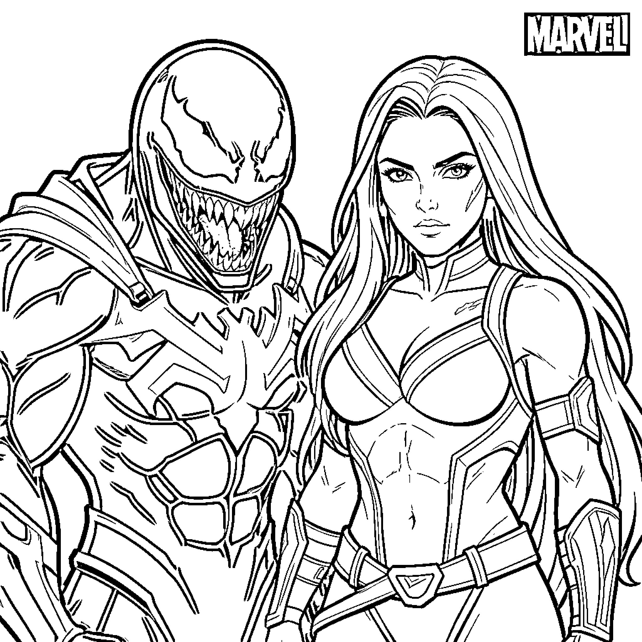 Venom and a Powerful Female Warrior in Action Coloring Page (free black-and-white line drawing printable PDF for all, from beginners to advanced learners, including children, teens, adults, and seniors)