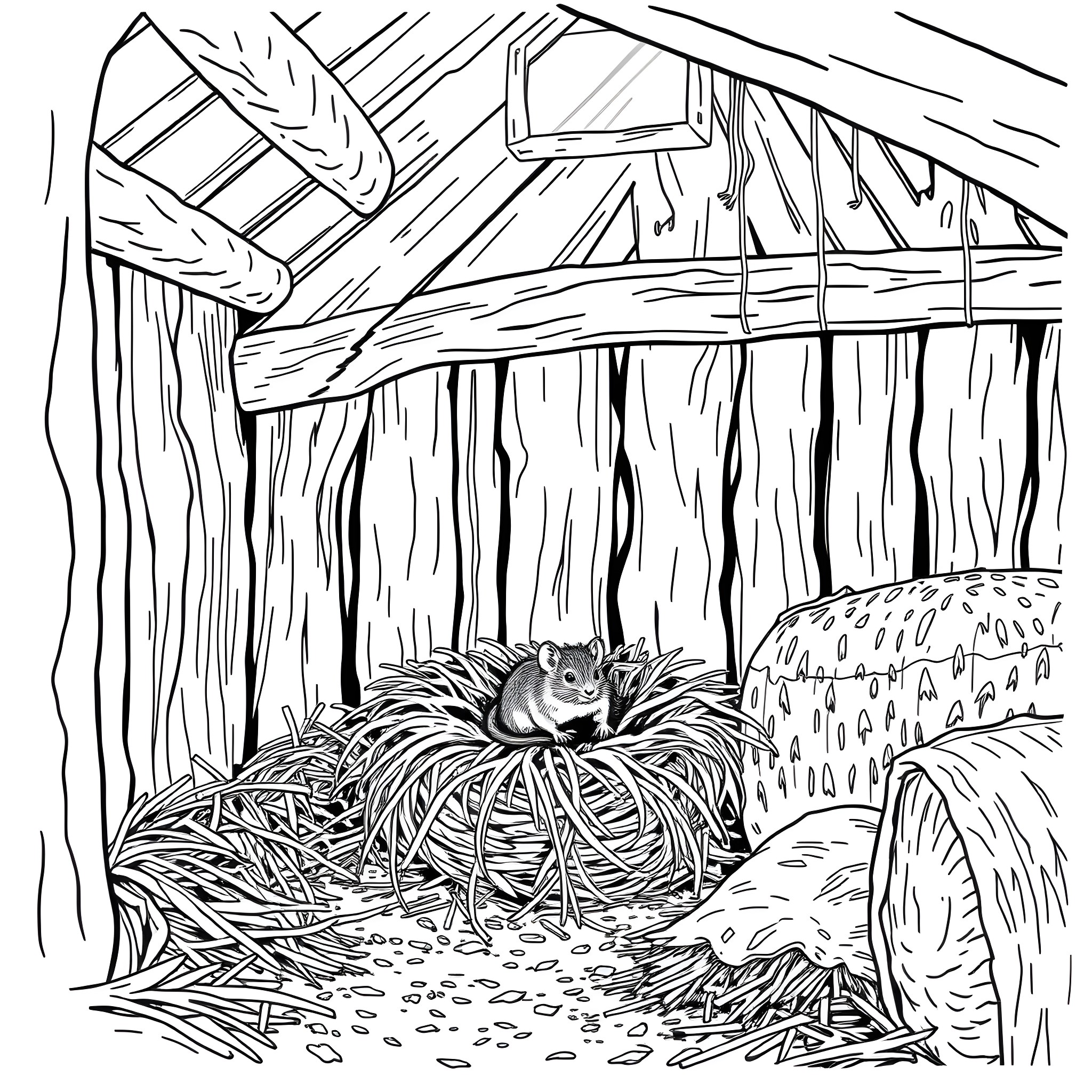 Mouse nesting in cozy hay-filled barn Coloring Page (free black-and-white line drawing printable PDF for all, from beginners to advanced learners, including children, teens, adults, and seniors)