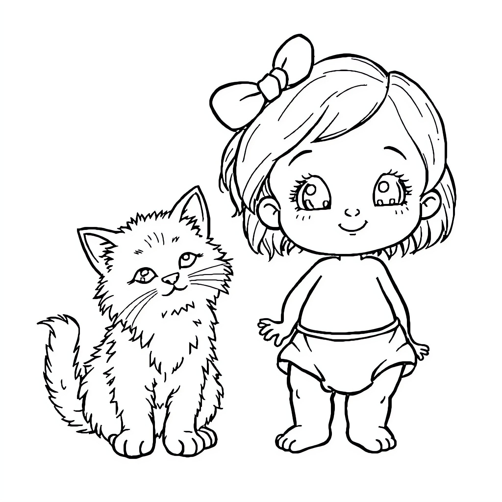 Girl and her pet kitten Coloring Page (free black-and-white line drawing printable PDF for all, from beginners to advanced learners, including children, teens, adults, and seniors)