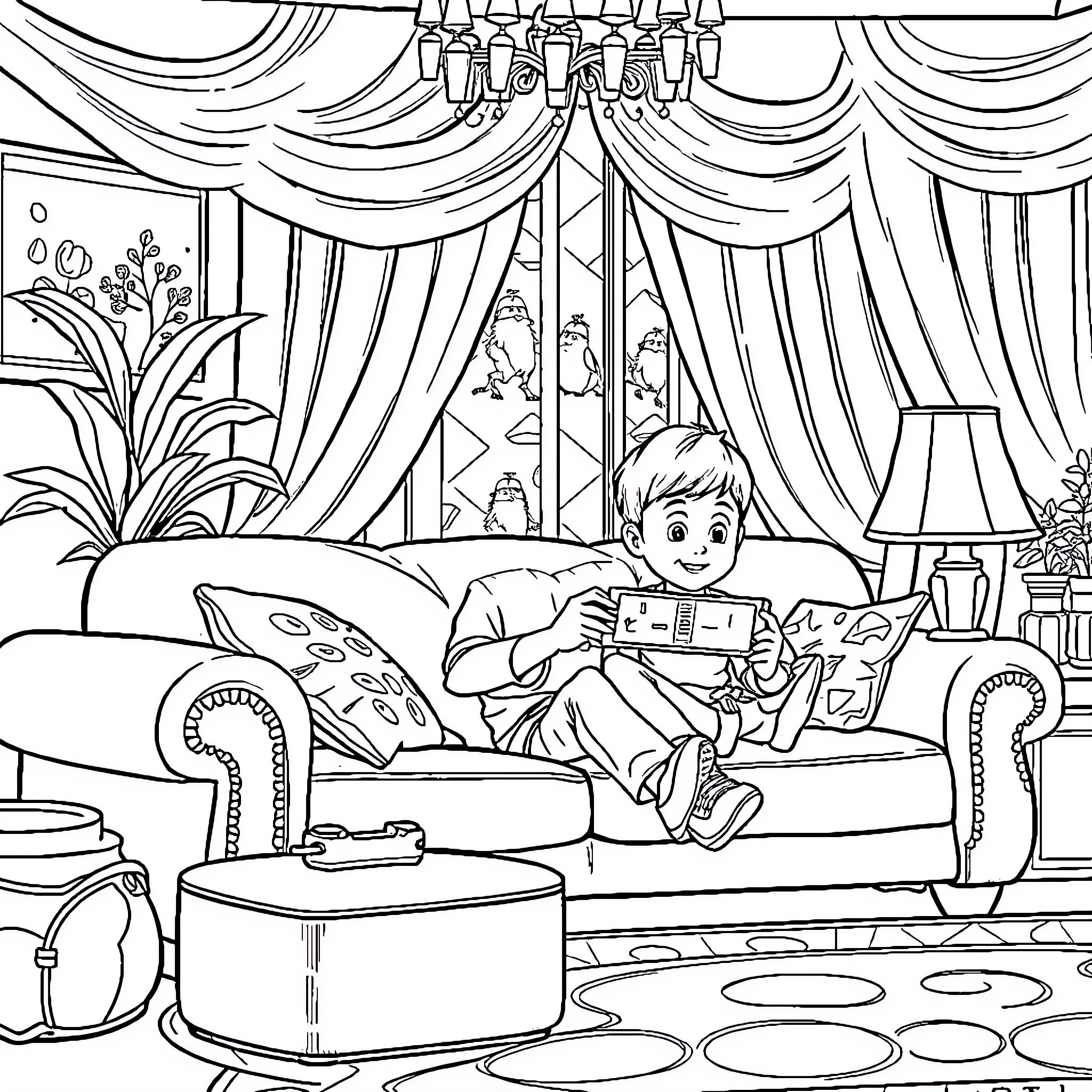 Pemuda enjoying video game in ornate living room Coloring Page (free black-and-white line drawing printable PDF for all, from beginners to advanced learners, including children, teens, adults, and seniors)