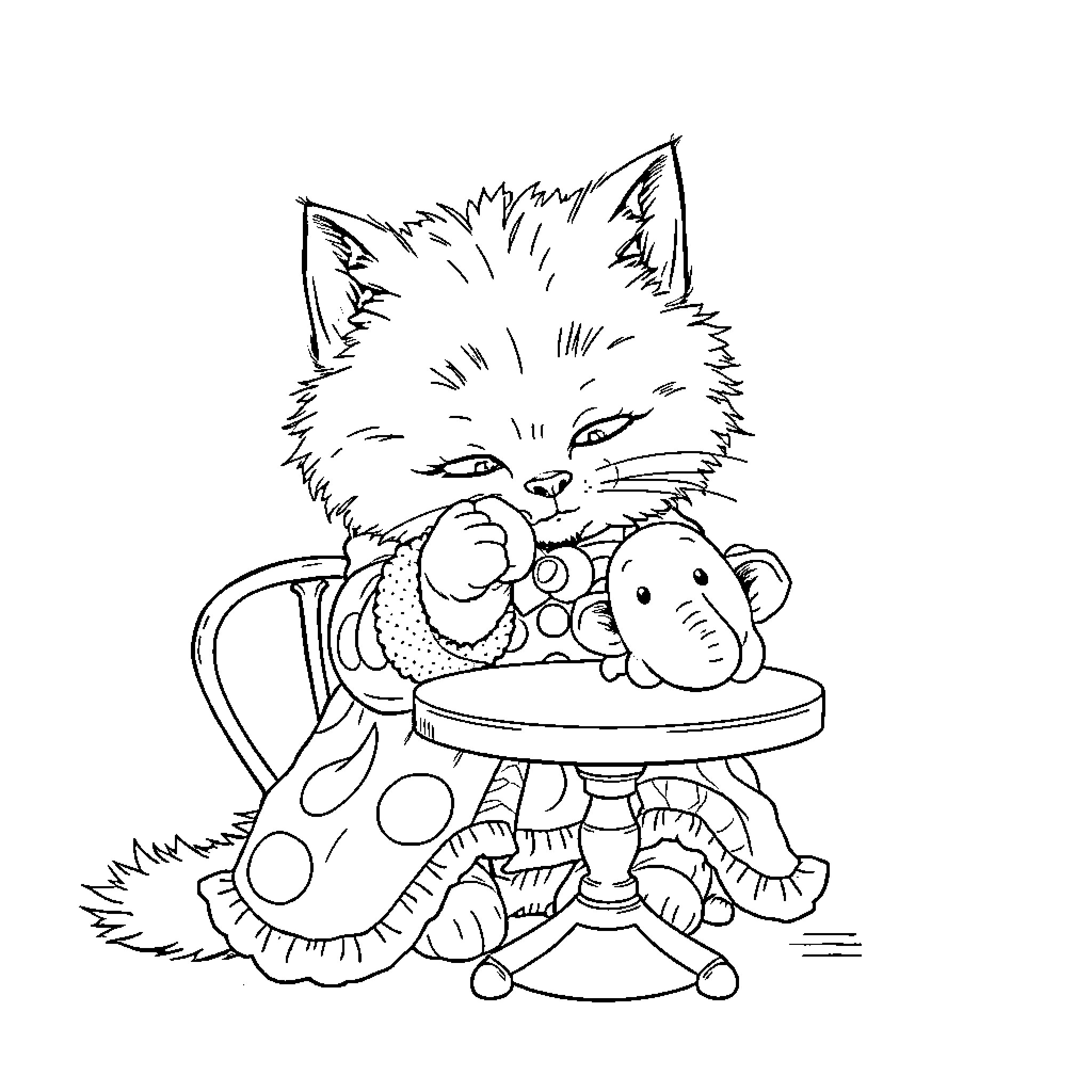 Cat cuddling with plush toy on armchair Coloring Page (free black-and-white line drawing printable PDF for all, from beginners to advanced learners, including children, teens, adults, and seniors)