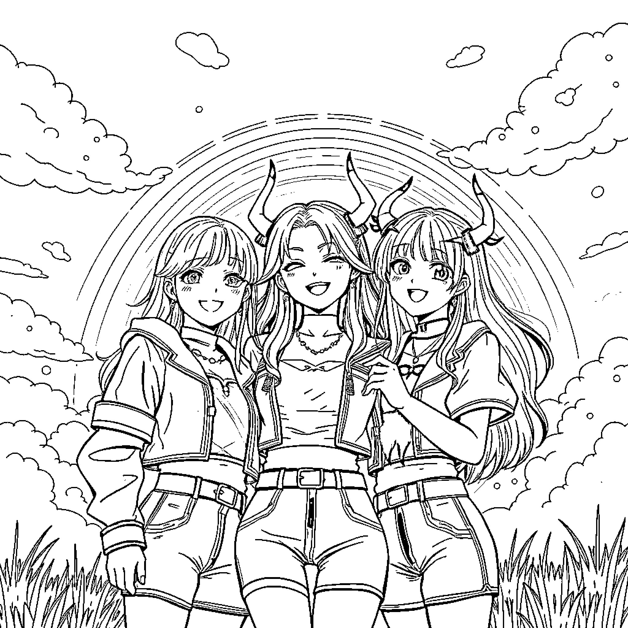 Rumi's Vibrant Trio in Enchanting Attire Coloring Page (free black-and-white line drawing printable PDF for all, from beginners to advanced learners, including children, teens, adults, and seniors)