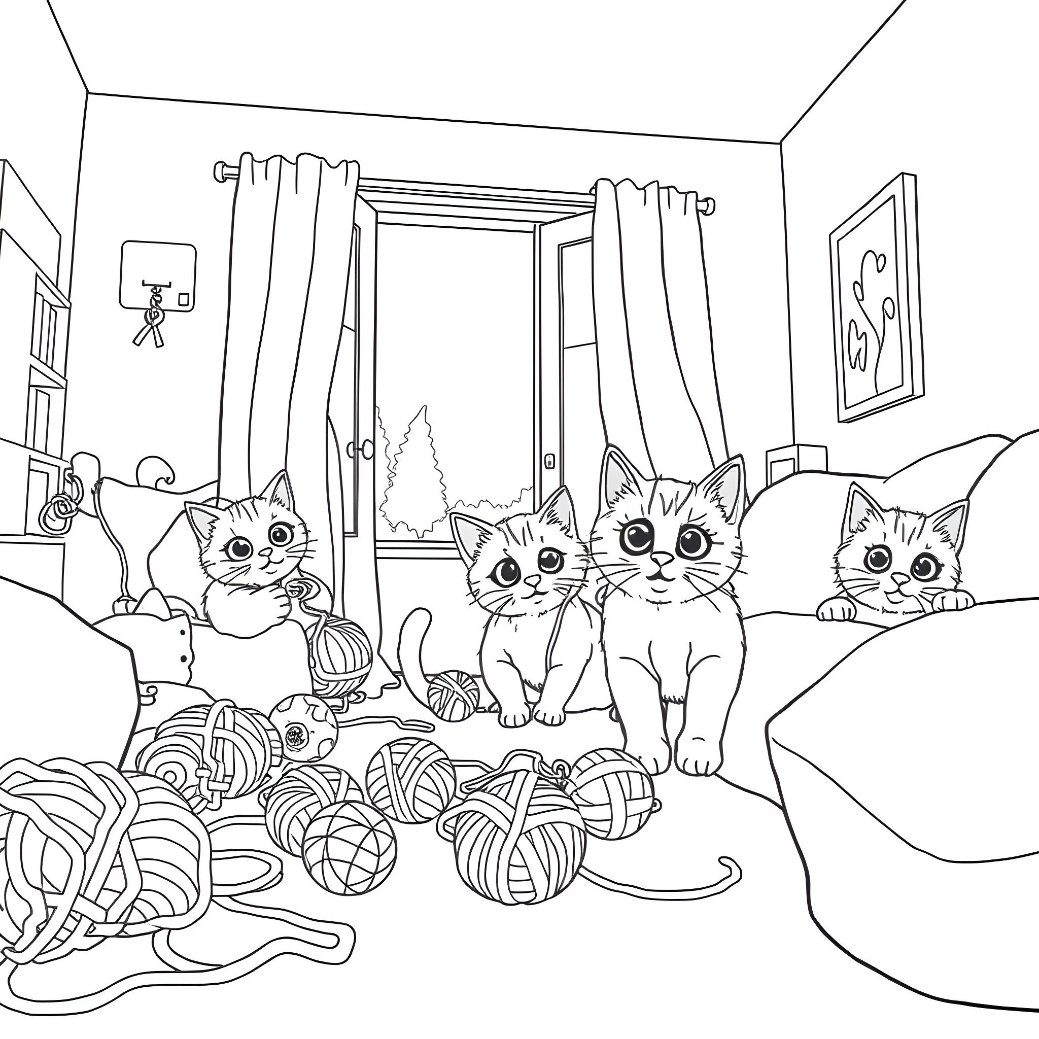 Cat Kittens Playing with Yarn in the Room Coloring Page (free black-and-white line drawing printable PDF for all, from beginners to advanced learners, including children, teens, adults, and seniors)