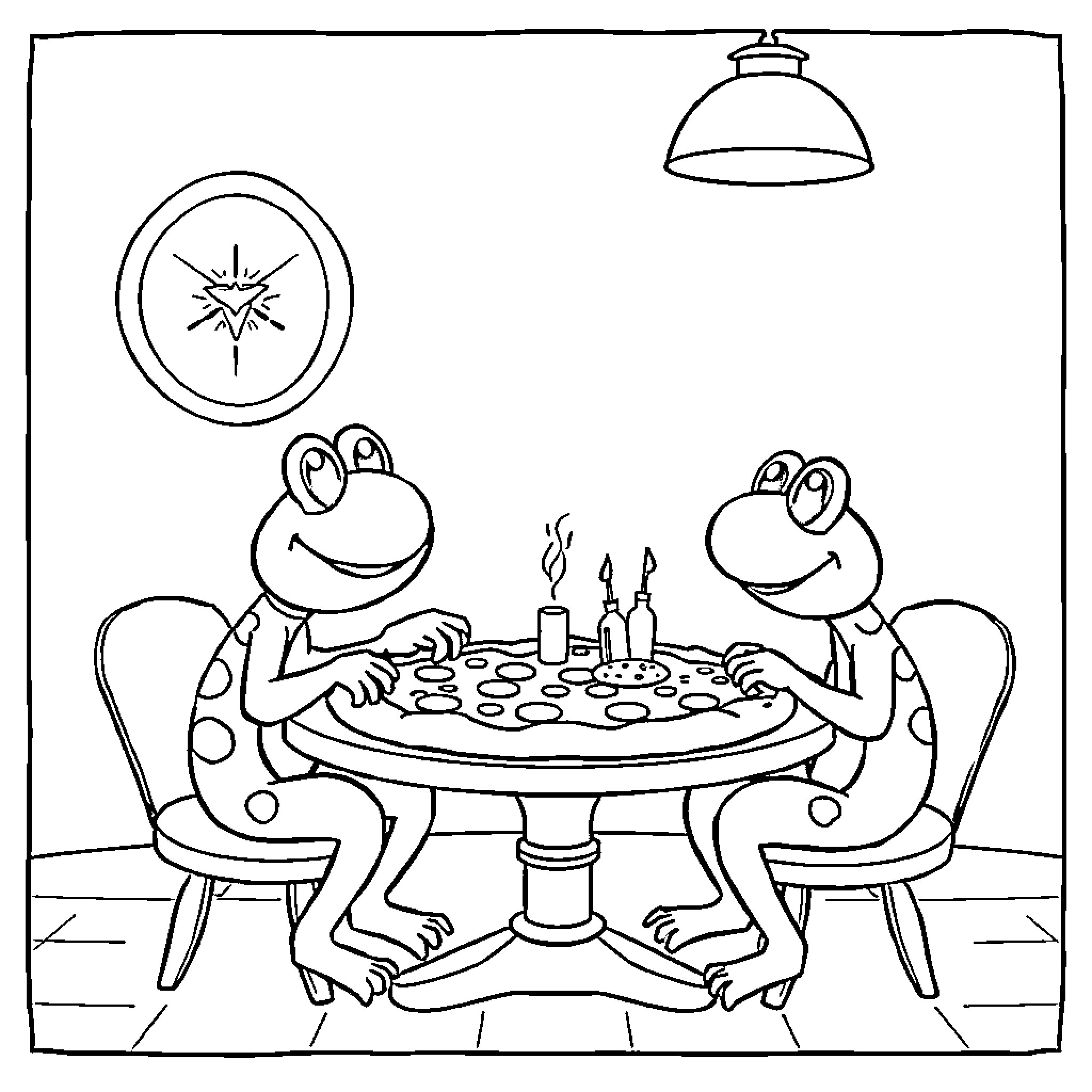 Patrol of friendly frogs sharing a meal Coloring Page (free black-and-white line drawing printable PDF for all, from beginners to advanced learners, including children, teens, adults, and seniors)