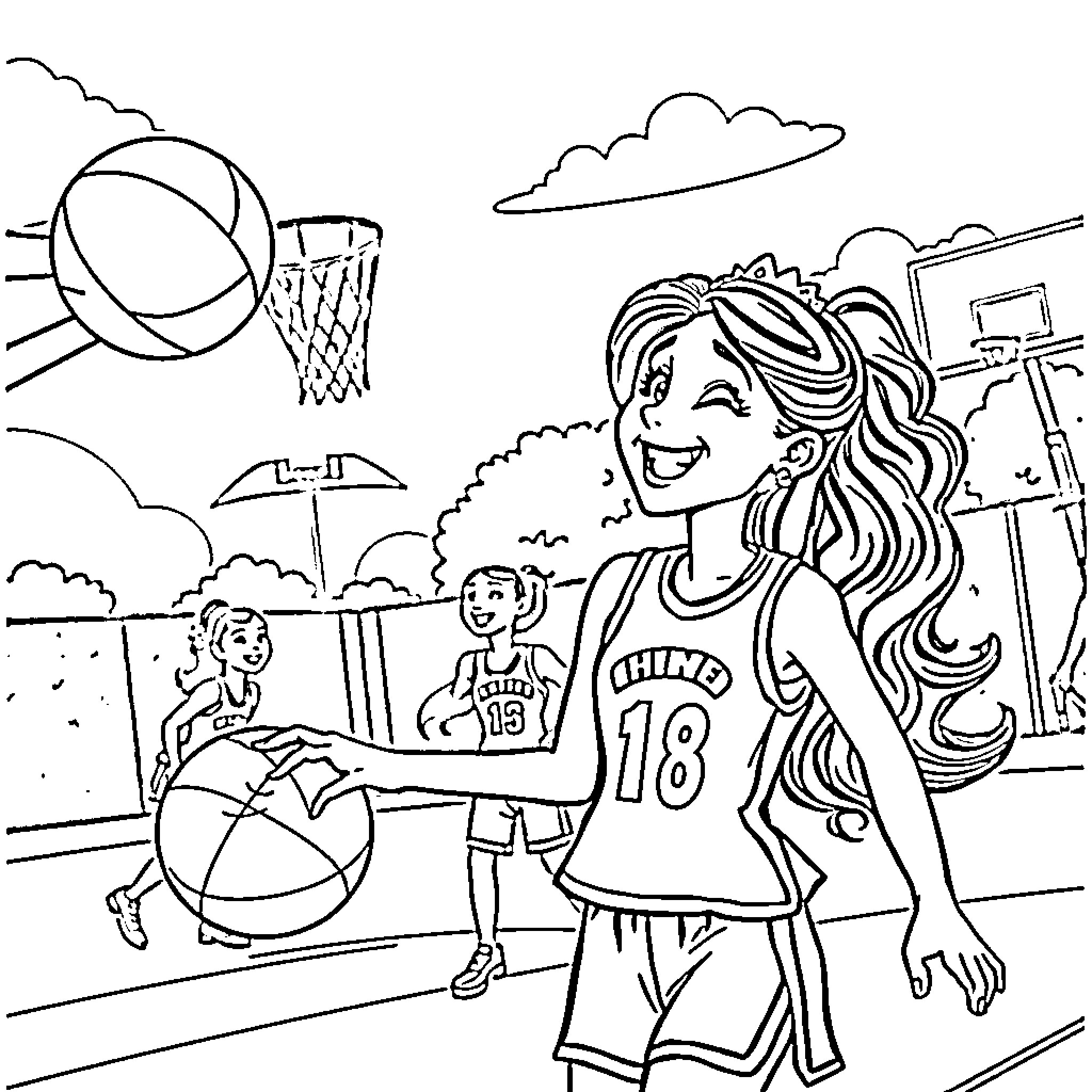 Princess playing basketball with friends on the court Coloring Page (free black-and-white line drawing printable PDF for all, from beginners to advanced learners, including children, teens, adults, and seniors)