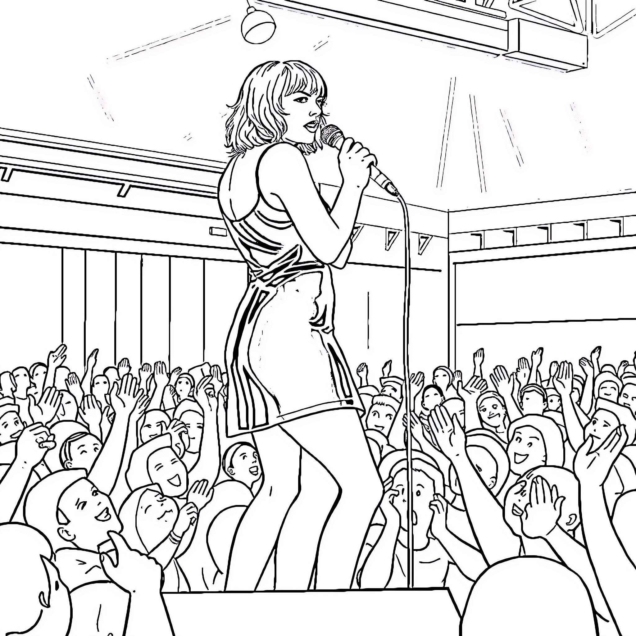 Taylor Swift performing on stage in front of a crowd Coloring Page (free black-and-white line drawing printable PDF for all, from beginners to advanced learners, including children, teens, adults, and seniors)