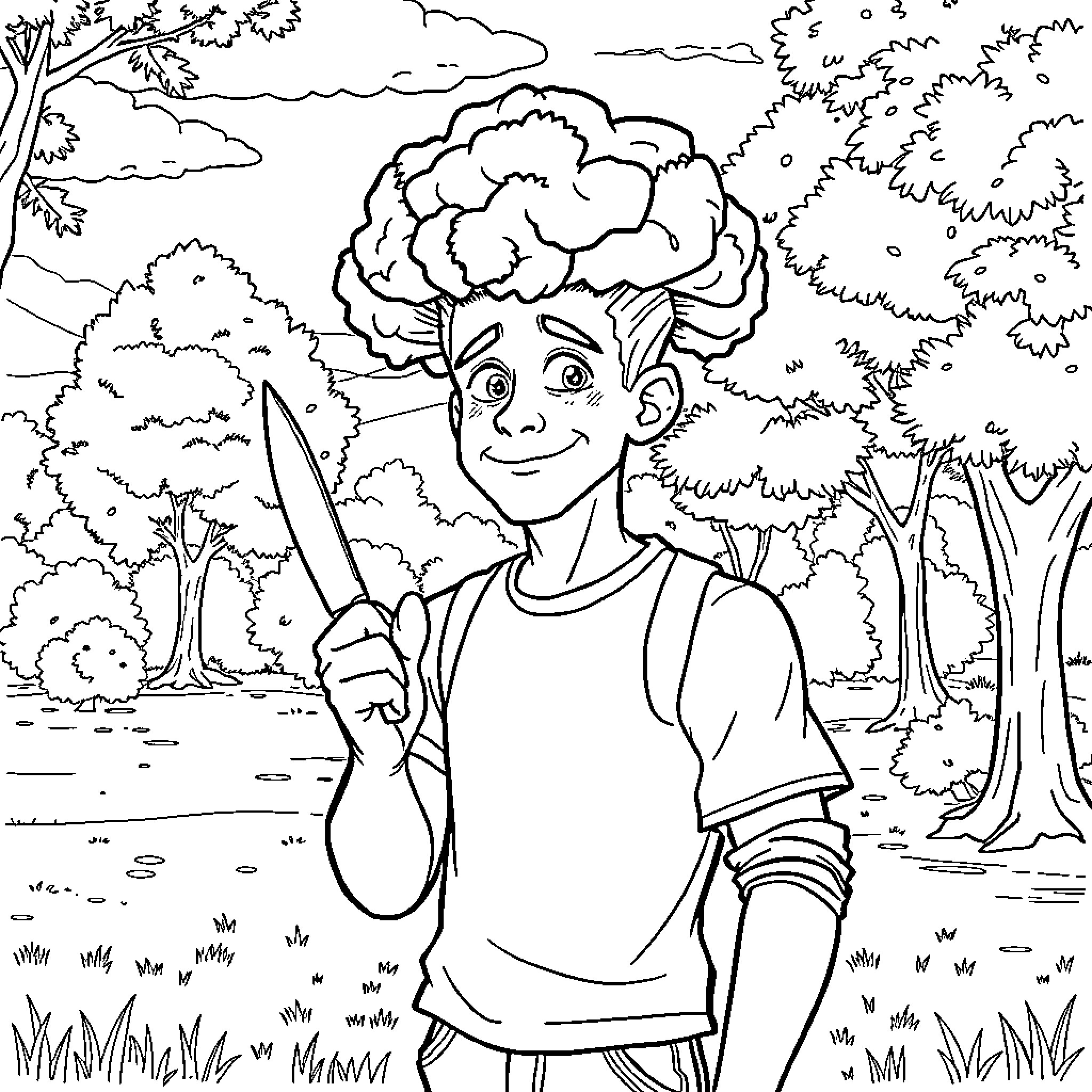 Guy with a quirky hairstyle exploring the outdoors Coloring Page (free black-and-white line drawing printable PDF for all, from beginners to advanced learners, including children, teens, adults, and seniors)