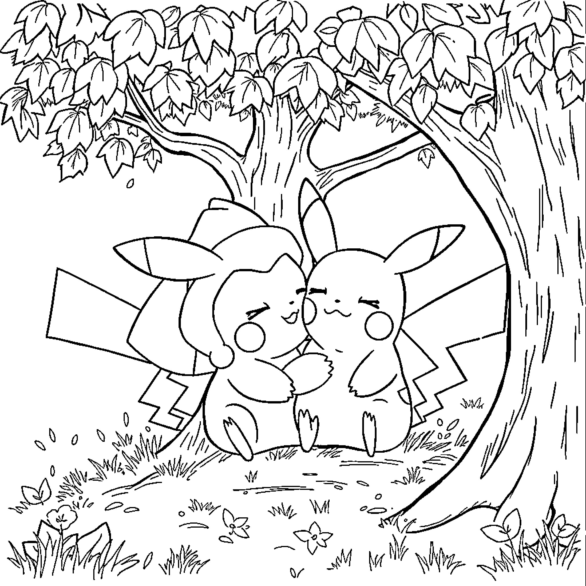 Evoli Playing in the Autumn Leaves Coloring Page (free black-and-white line drawing printable PDF for all, from beginners to advanced learners, including children, teens, adults, and seniors)