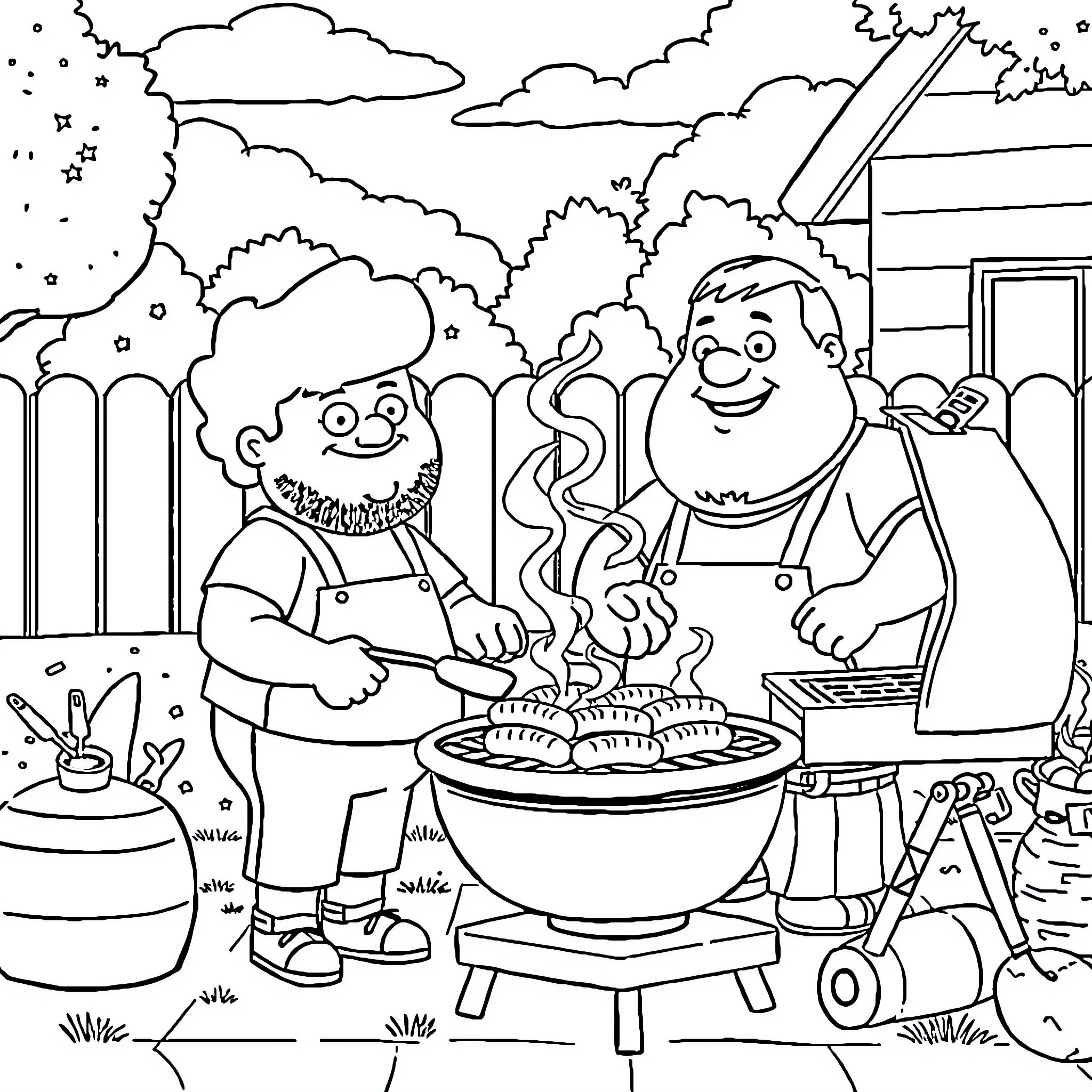 Bob and his friend cooking together outdoors Coloring Page (free black-and-white line drawing printable PDF for all, from beginners to advanced learners, including children, teens, adults, and seniors)