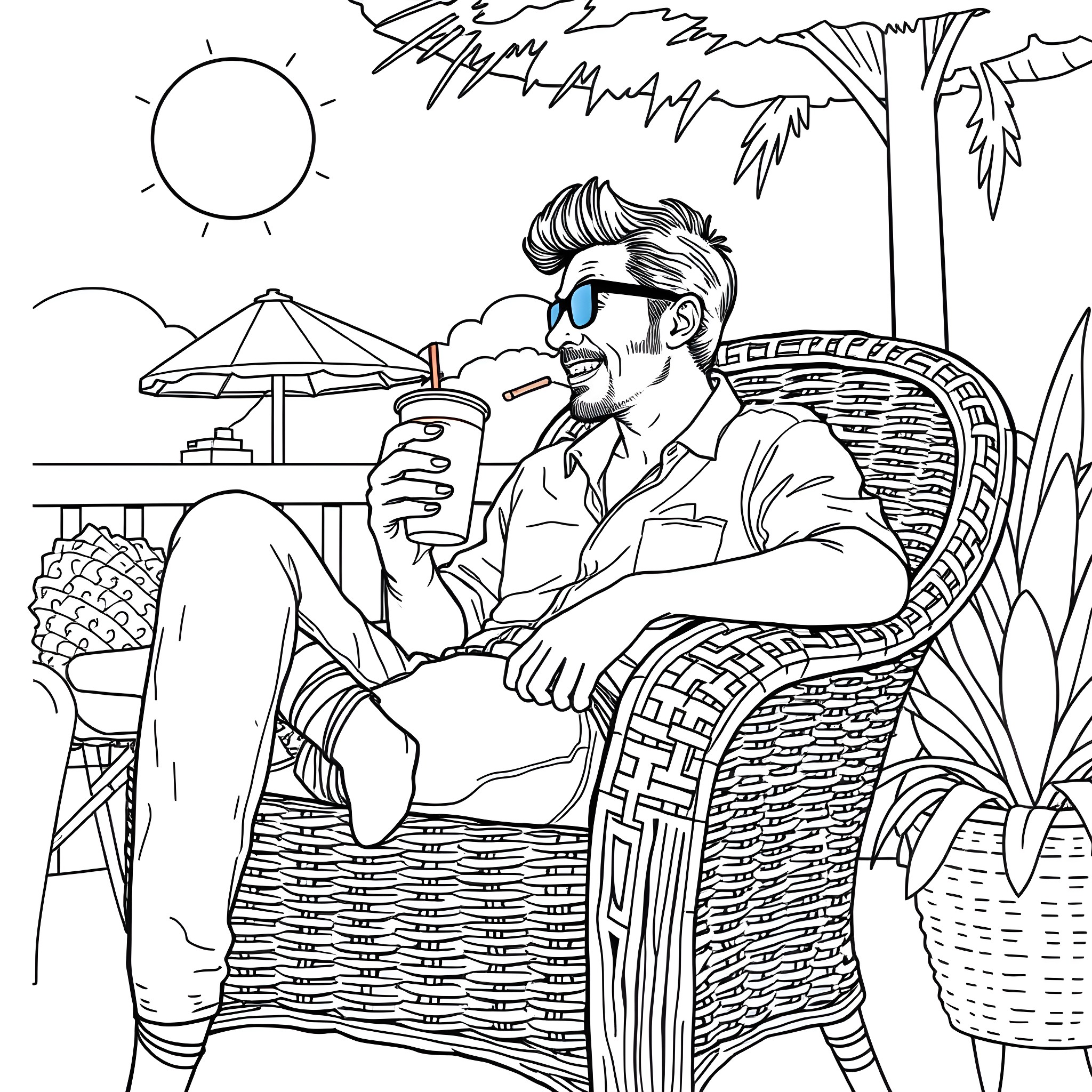 Nomar Garciaparra relaxing with a refreshing drink in a tropical setting Coloring Page (free black-and-white line drawing printable PDF for all, from beginners to advanced learners, including children, teens, adults, and seniors)