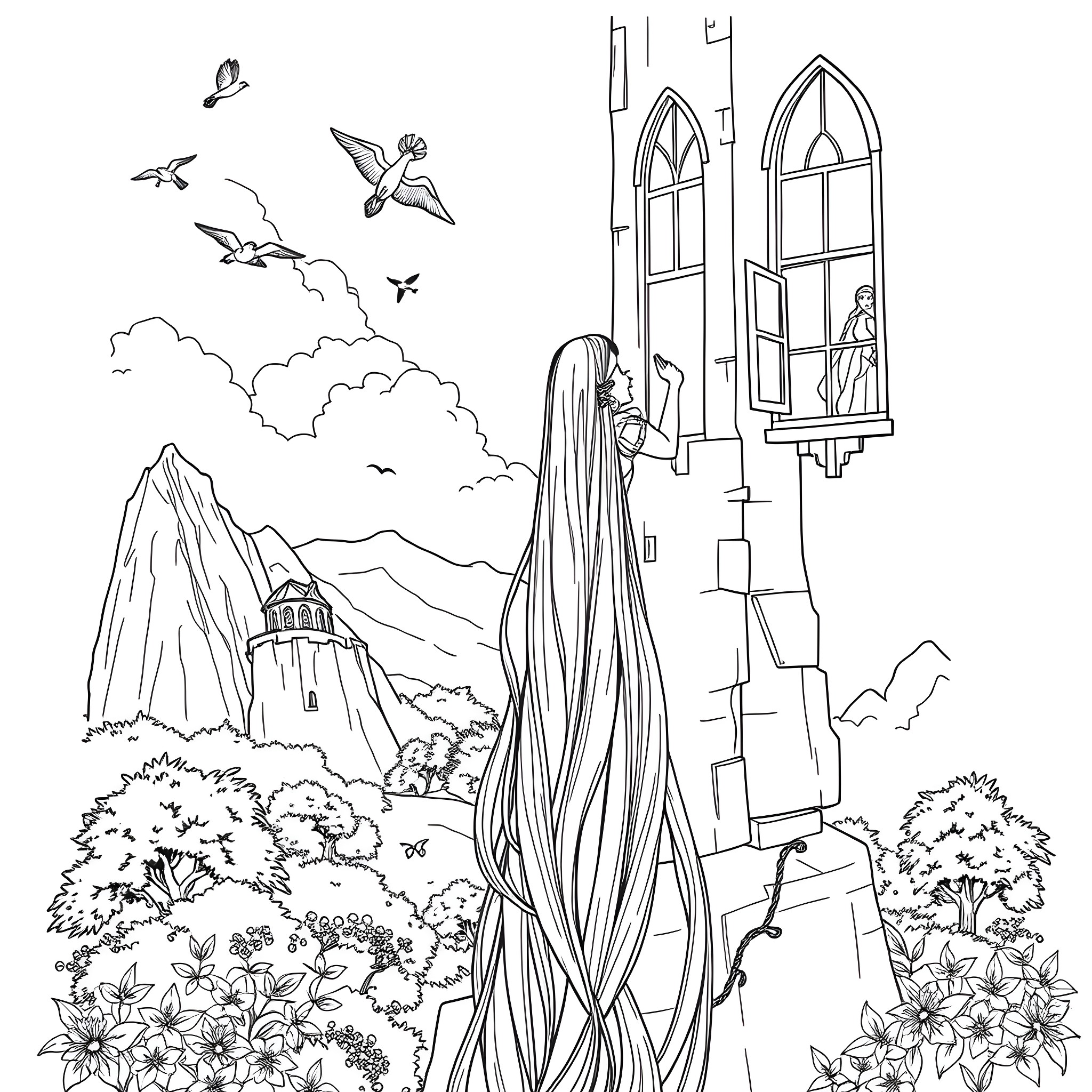 Rapunzel gazing out from a castle window Coloring Page (free black-and-white line drawing printable PDF for all, from beginners to advanced learners, including children, teens, adults, and seniors)
