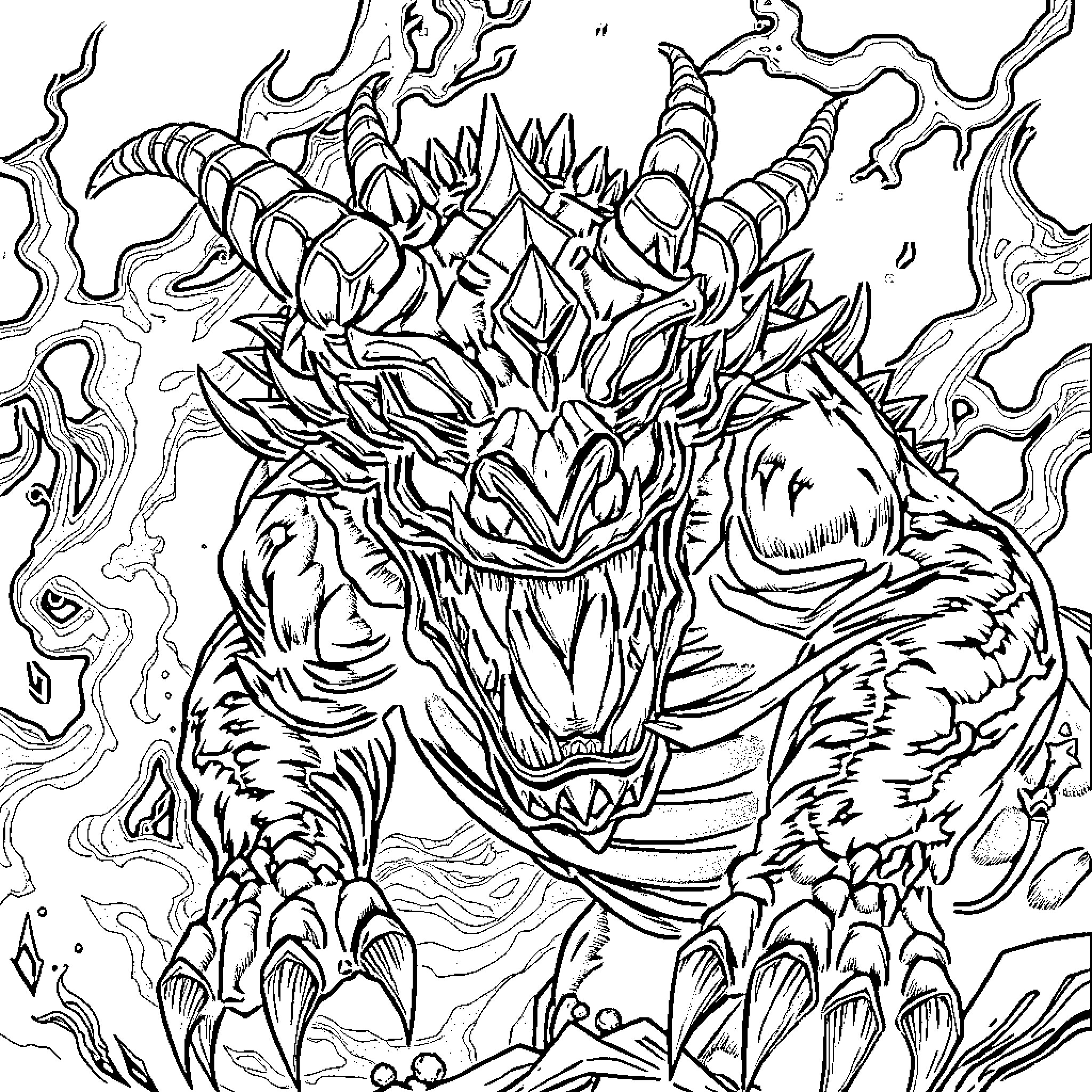 Demogorgon's Ferocious Visage Coloring Page (free black-and-white line drawing printable PDF for all, from beginners to advanced learners, including children, teens, adults, and seniors)