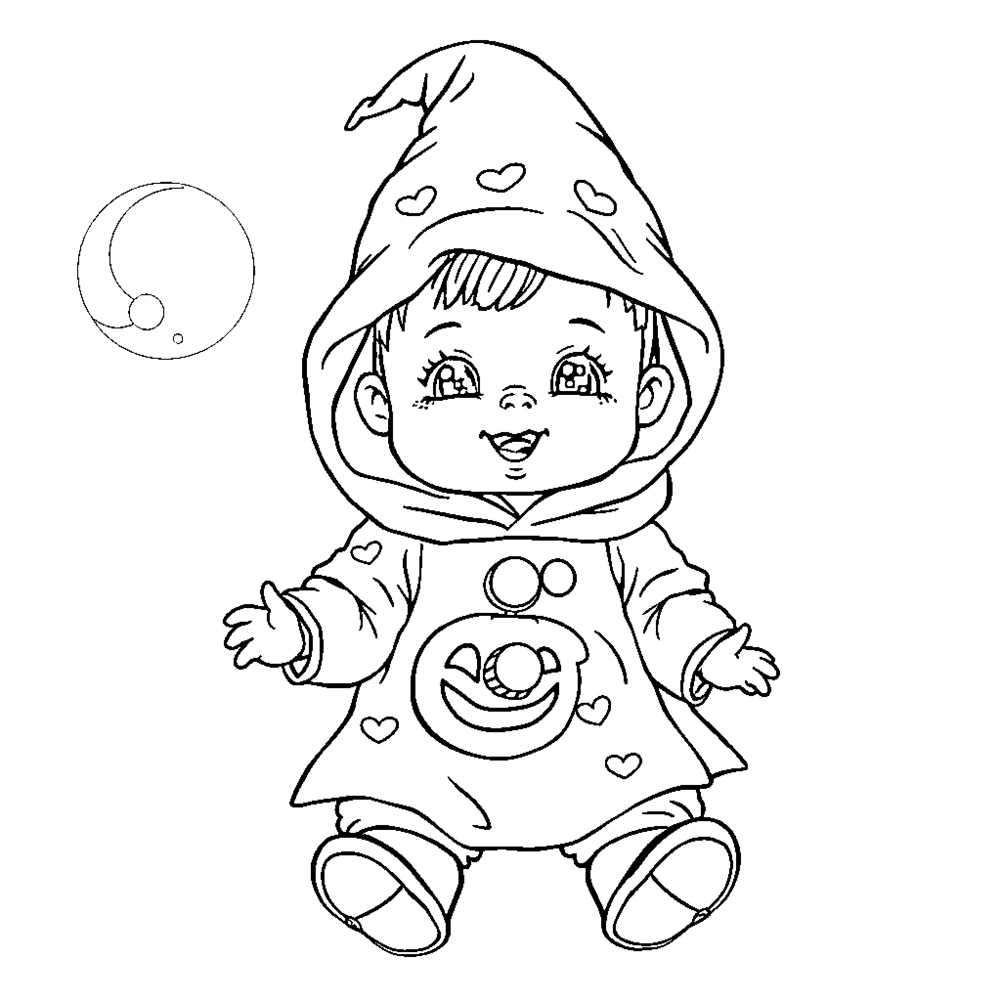 Baby Halloween Costume Adorable Joyful Smile Coloring Page (free black-and-white line drawing printable PDF for all, from beginners to advanced learners, including children, teens, adults, and seniors)