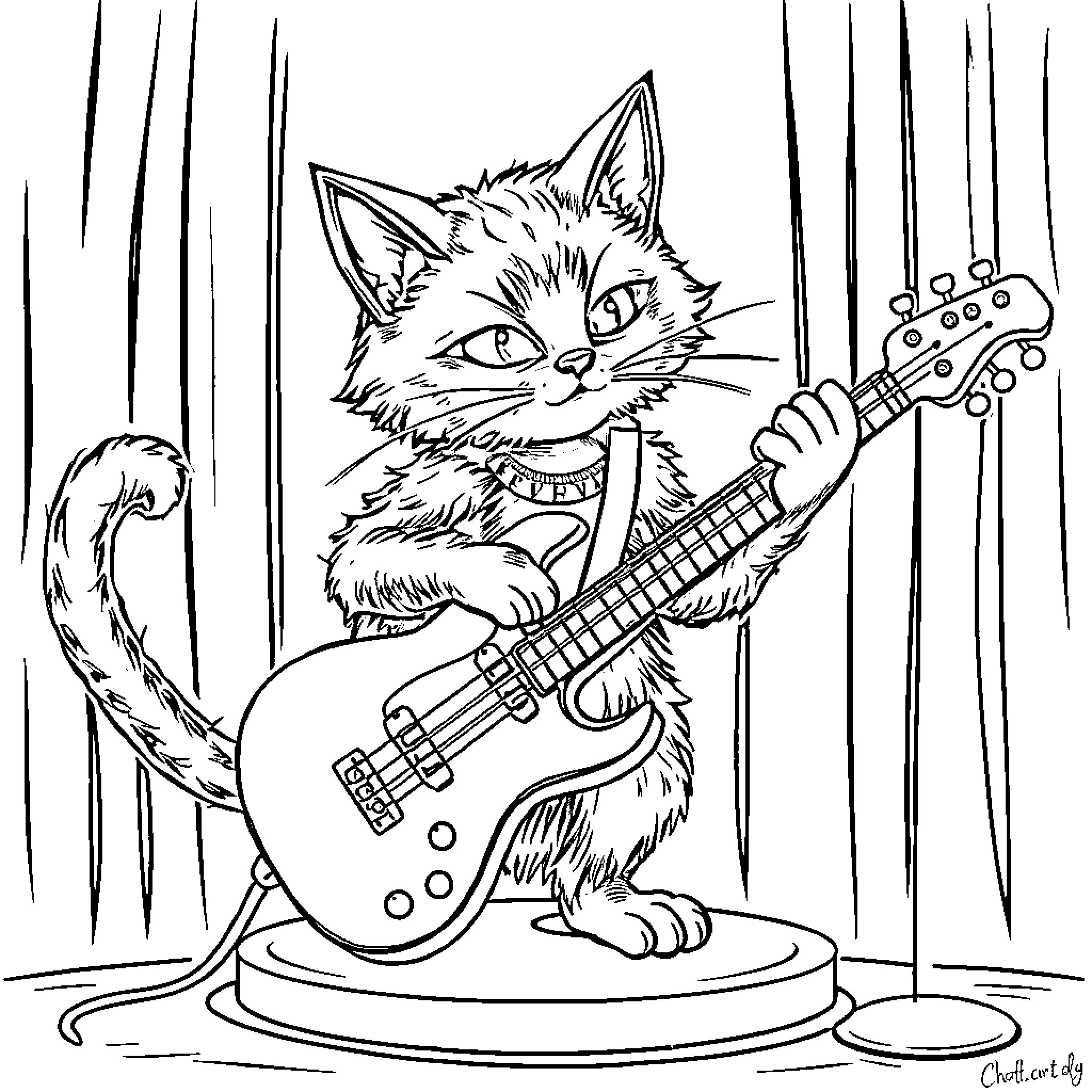 Cat playing guitar on stage Coloring Page (free black-and-white line drawing printable PDF for all, from beginners to advanced learners, including children, teens, adults, and seniors)