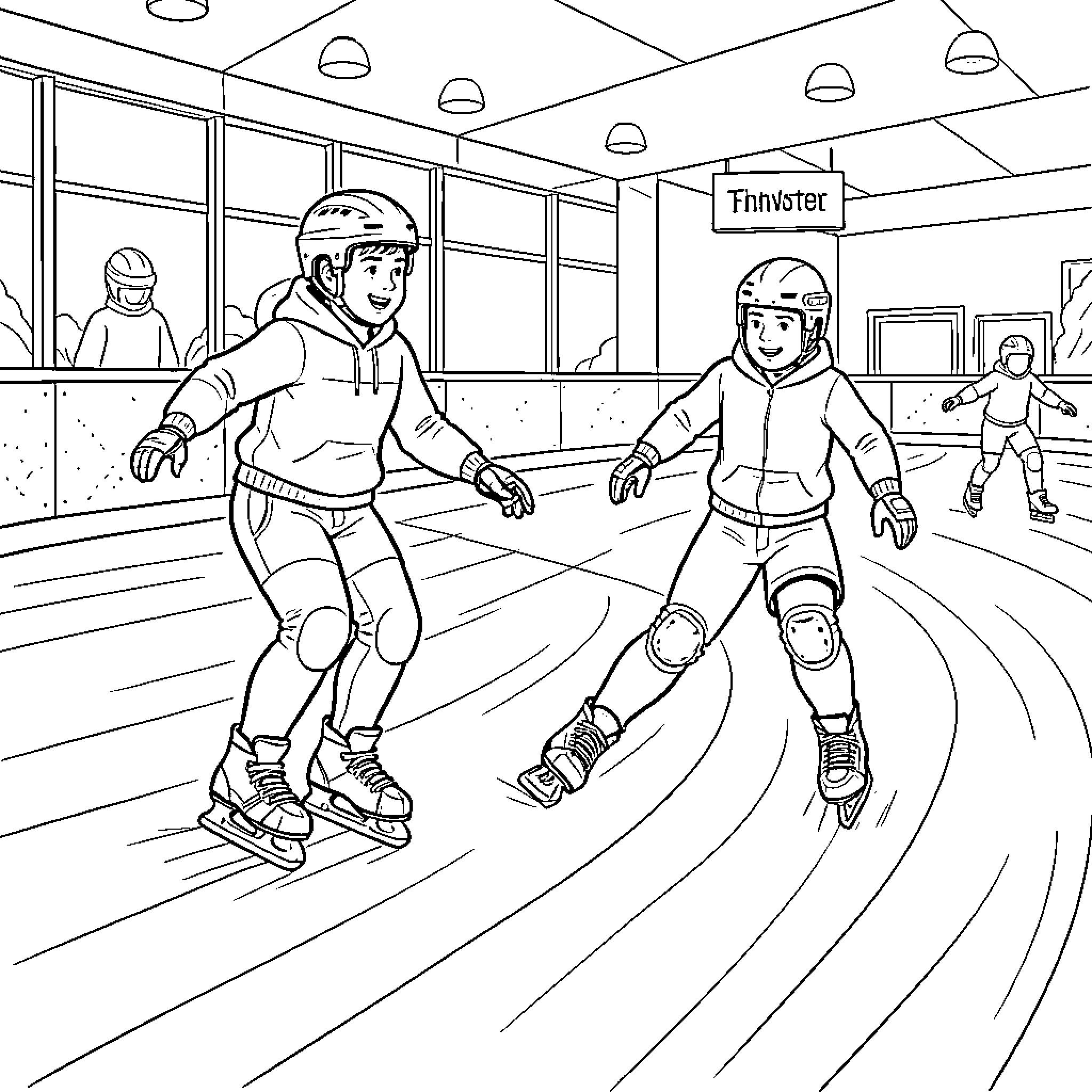 Skate rink with children enjoying ice skating Coloring Page (free black-and-white line drawing printable PDF for all, from beginners to advanced learners, including children, teens, adults, and seniors)
