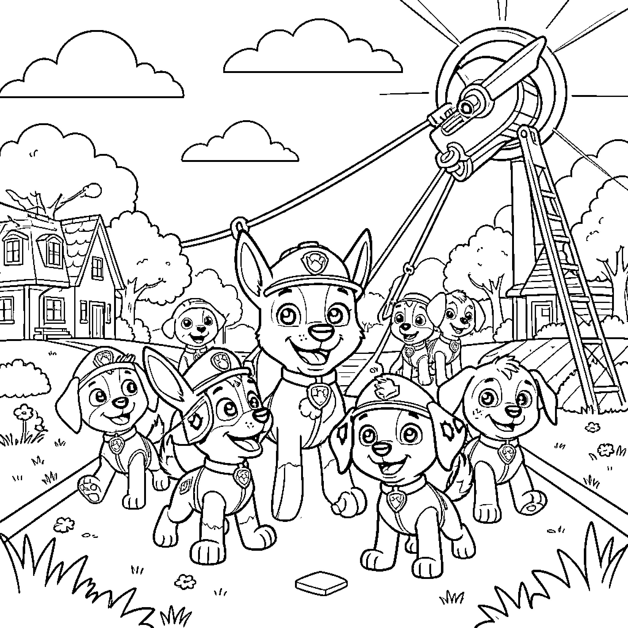 Pat Patrouille pups smiling together in a sunny park Coloring Page (free black-and-white line drawing printable PDF for all, from beginners to advanced learners, including children, teens, adults, and seniors)