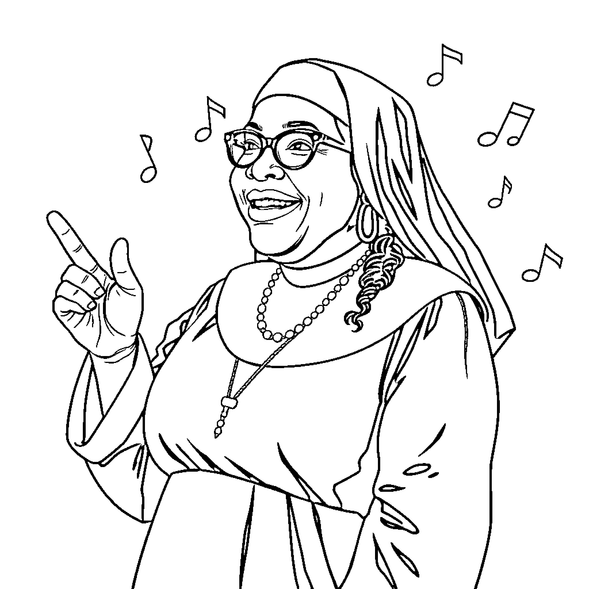 Sister Act singing joyfully with musical notes Coloring Page (free black-and-white line drawing printable PDF for all, from beginners to advanced learners, including children, teens, adults, and seniors)