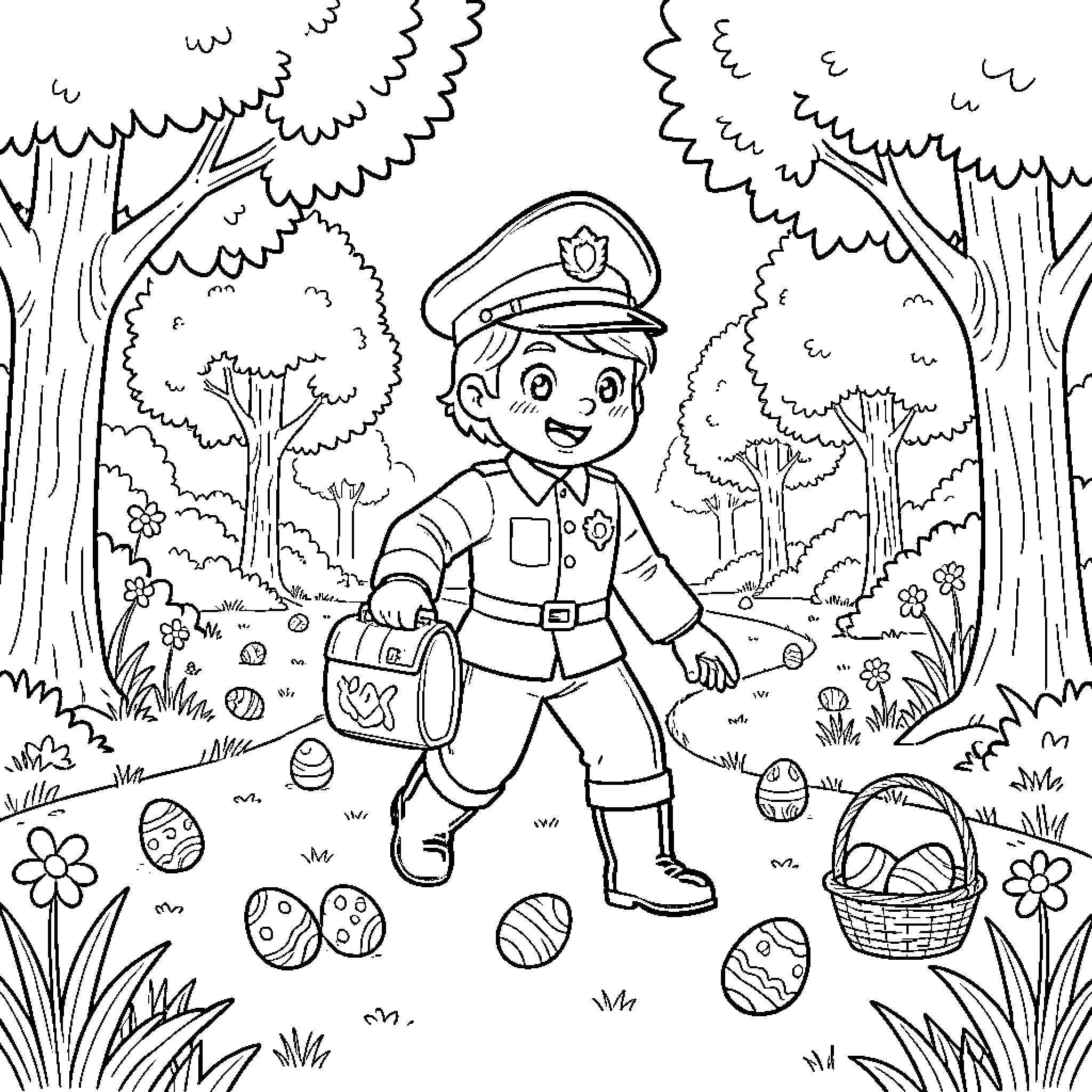 Paw Patrol Officer Exploring the Woodland Coloring Page (free black-and-white line drawing printable PDF for all, from beginners to advanced learners, including children, teens, adults, and seniors)