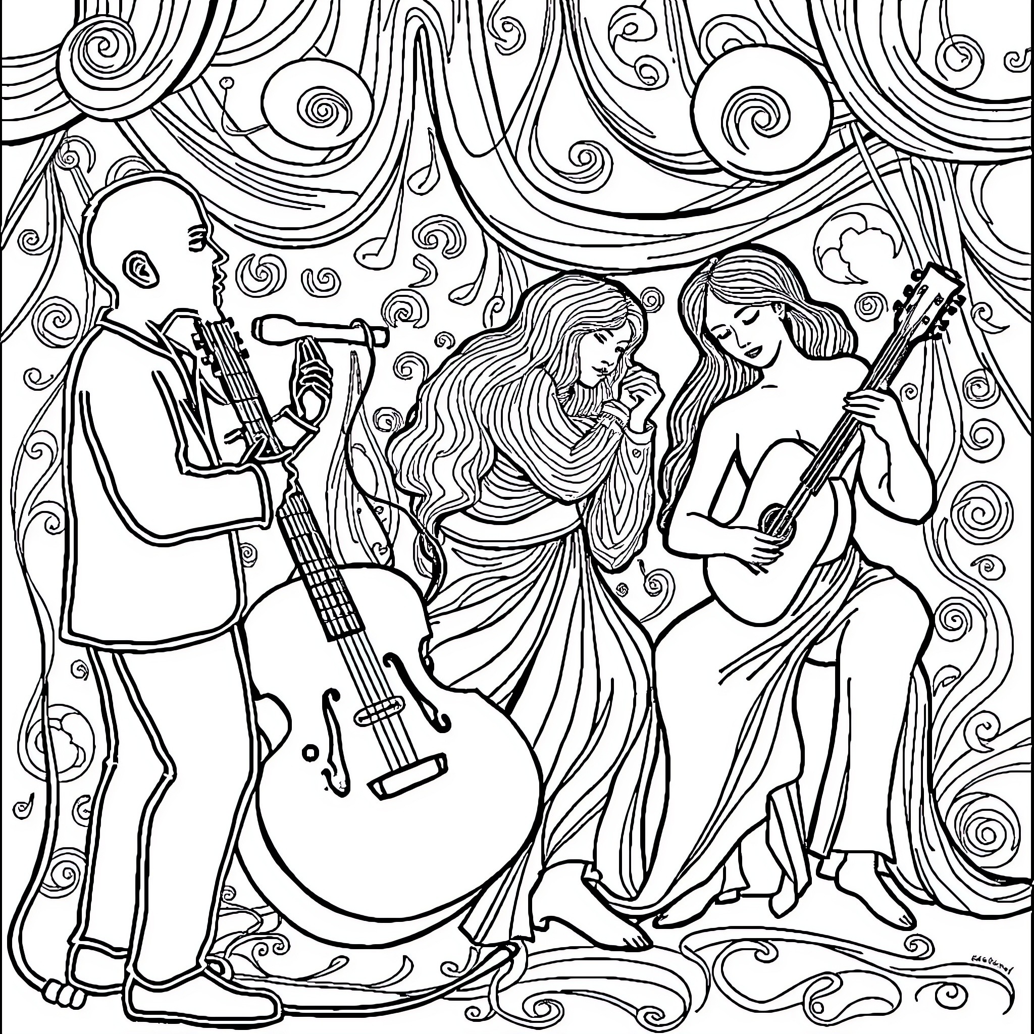 Musical Figures Performing on Stage with Guitars Coloring Page (free black-and-white line drawing printable PDF for all, from beginners to advanced learners, including children, teens, adults, and seniors)