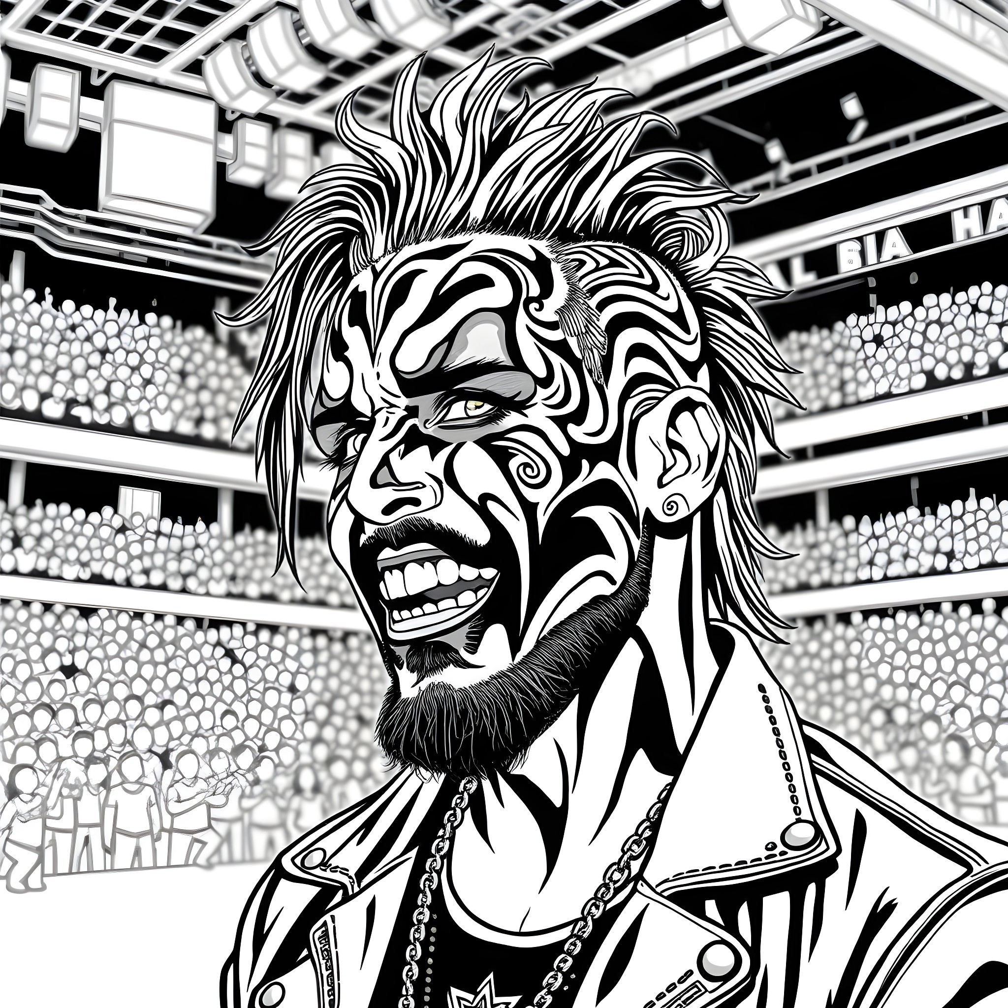 Jeff Hardy's Intense Expression and Signature Look Coloring Page (free black-and-white line drawing printable PDF for all, from beginners to advanced learners, including children, teens, adults, and seniors)