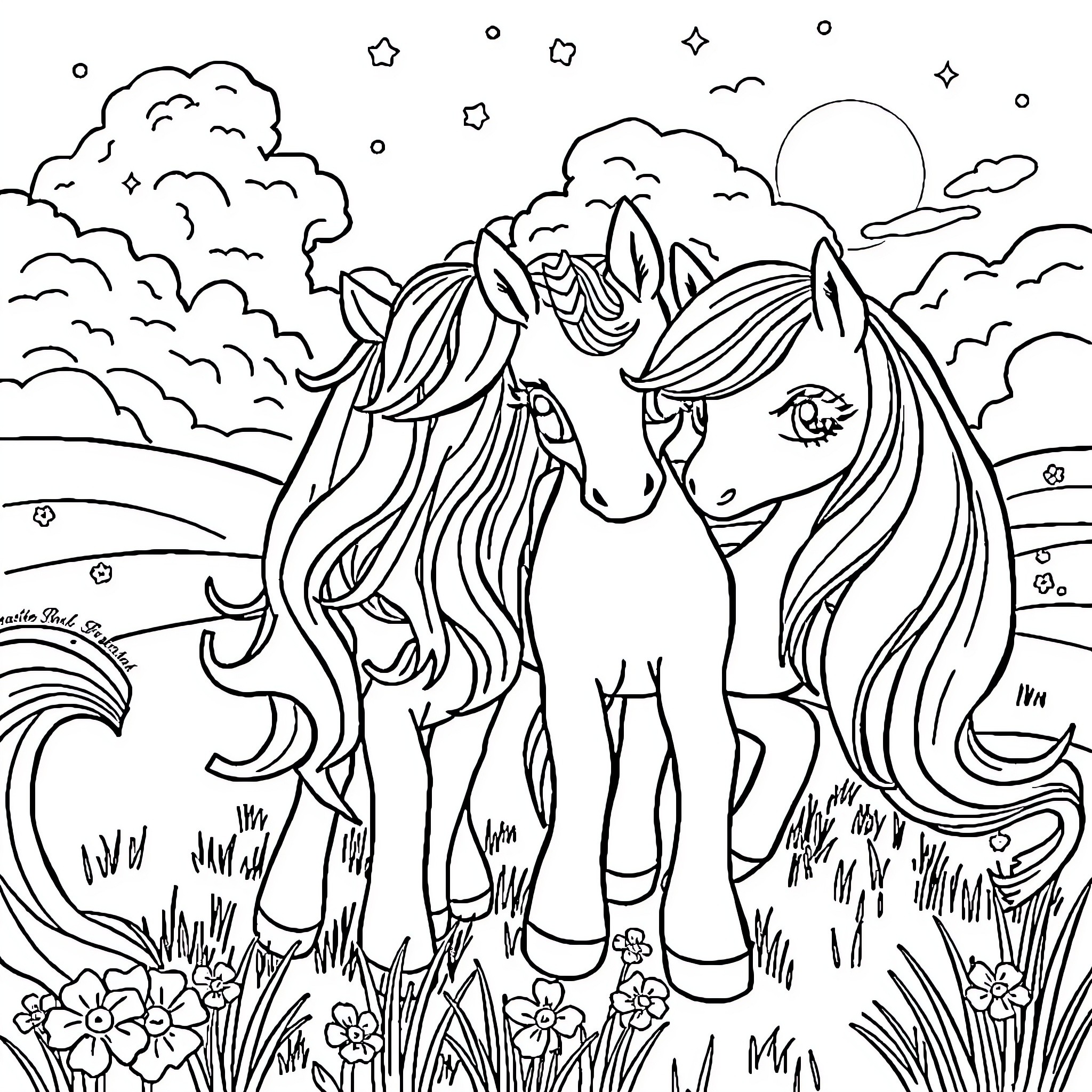 Pony friends enjoying the starry night outdoors Coloring Page (free black-and-white line drawing printable PDF for all, from beginners to advanced learners, including children, teens, adults, and seniors)