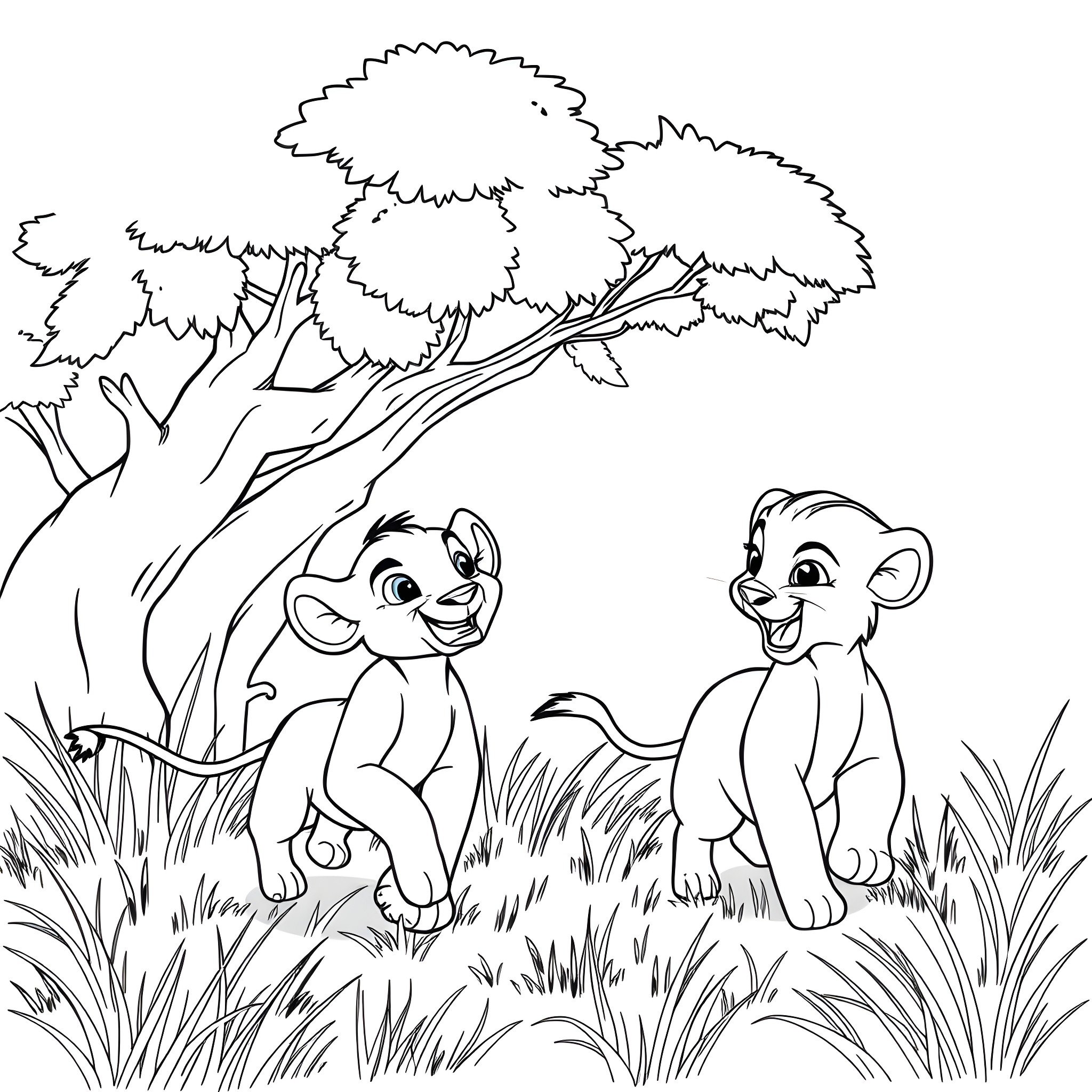 Simba and Nala playing joyfully in the African savanna Coloring Page (free black-and-white line drawing printable PDF for all, from beginners to advanced learners, including children, teens, adults, and seniors)