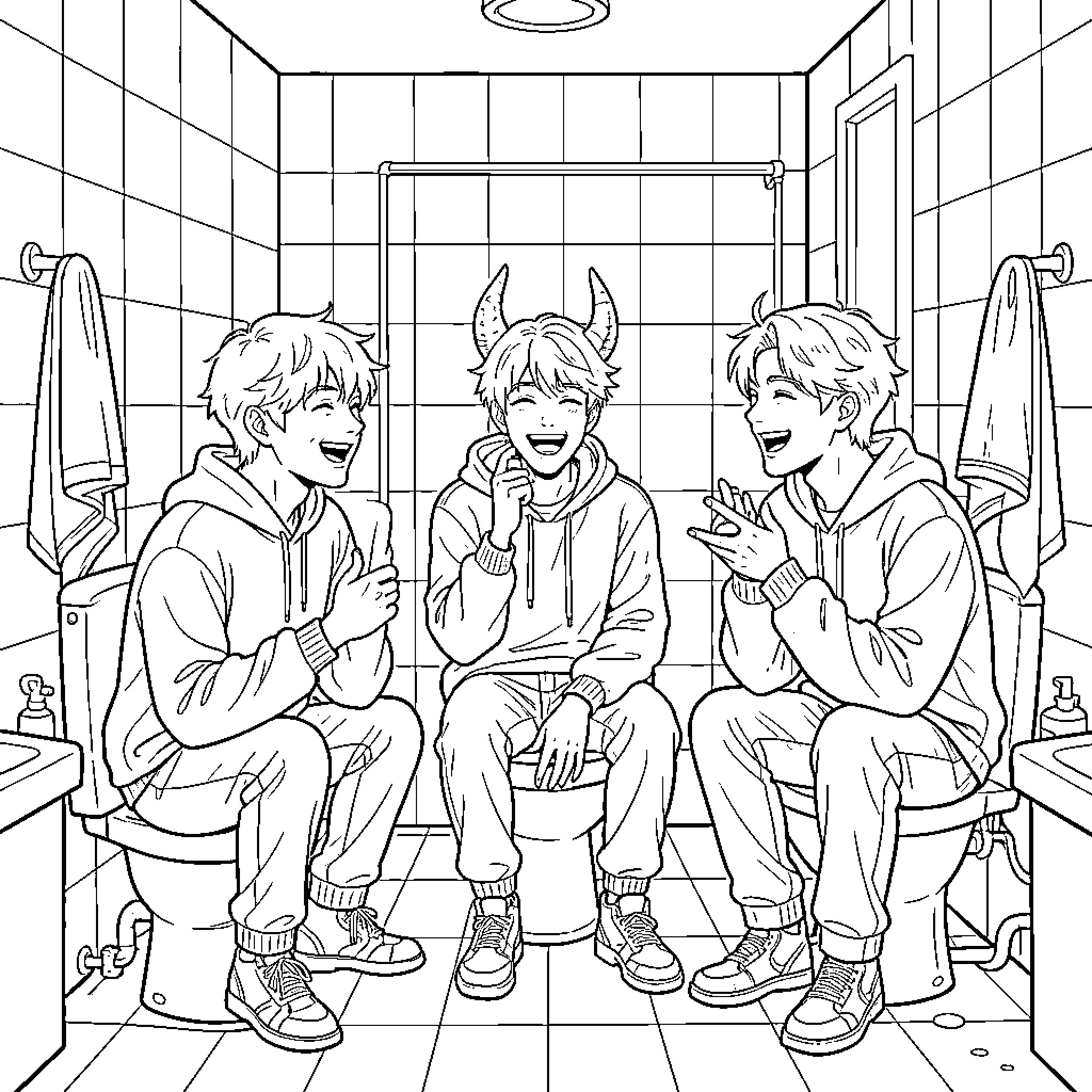 Kpop Demon Hunter friends laughing together in a bathroom Coloring Page (free black-and-white line drawing printable PDF for all, from beginners to advanced learners, including children, teens, adults, and seniors)